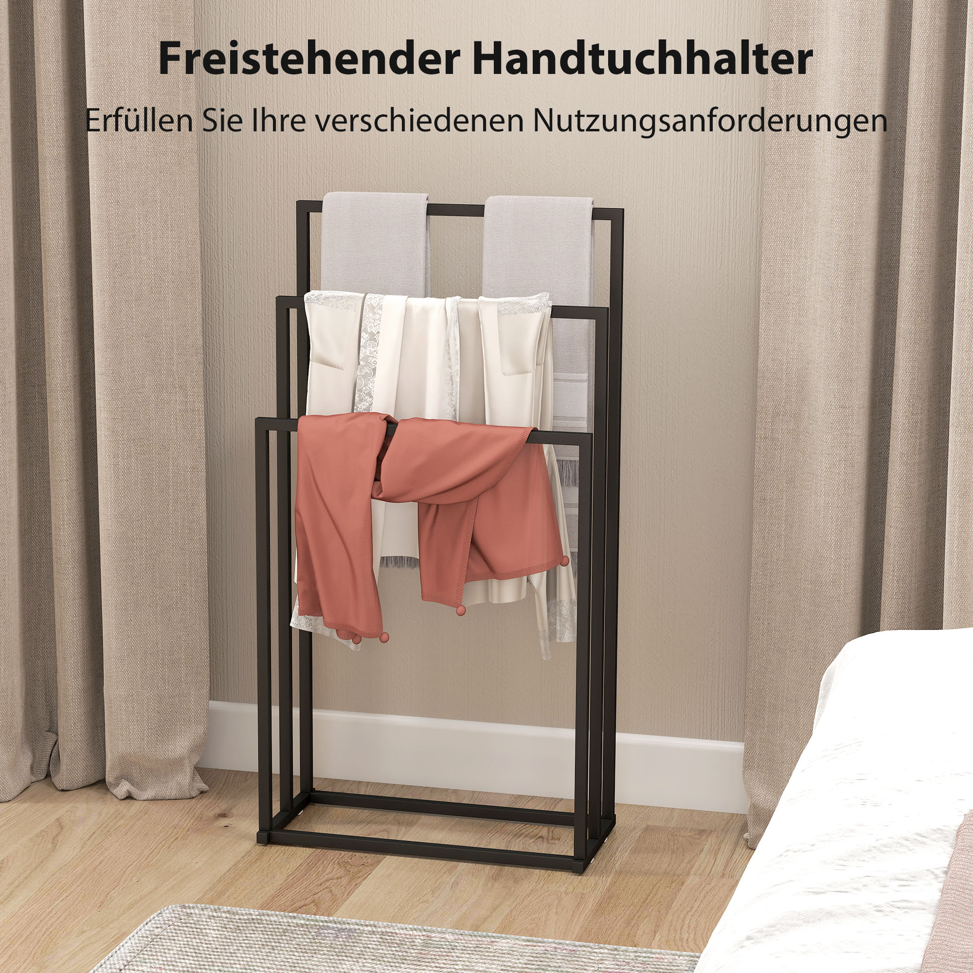 Handtuchhalter Stehend Handtuchständer mit 3 Stangen, Handtuchleiter aus Stahl 45 x 21,5 x 85 cm