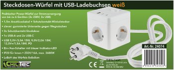 Steckdosen-Würfel mit USB 20W PD / USB-A /USB-C,3-fach, 1,5m Kabel, weiß