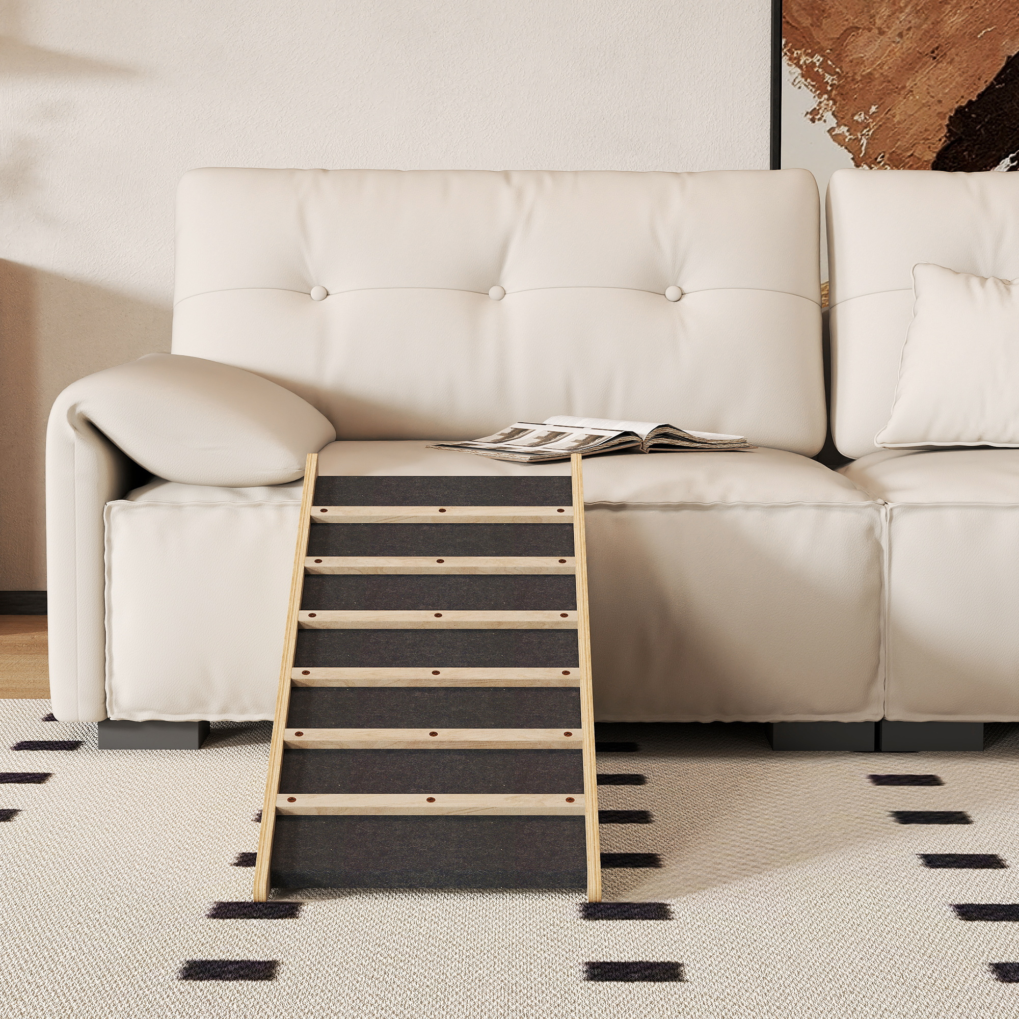 Haustiertreppe, Hundetreppe, Kiefernholz, Anti-Rutsch-Beschichtung, 90 cm x 40 cm x 45 cm, Natur + Grau