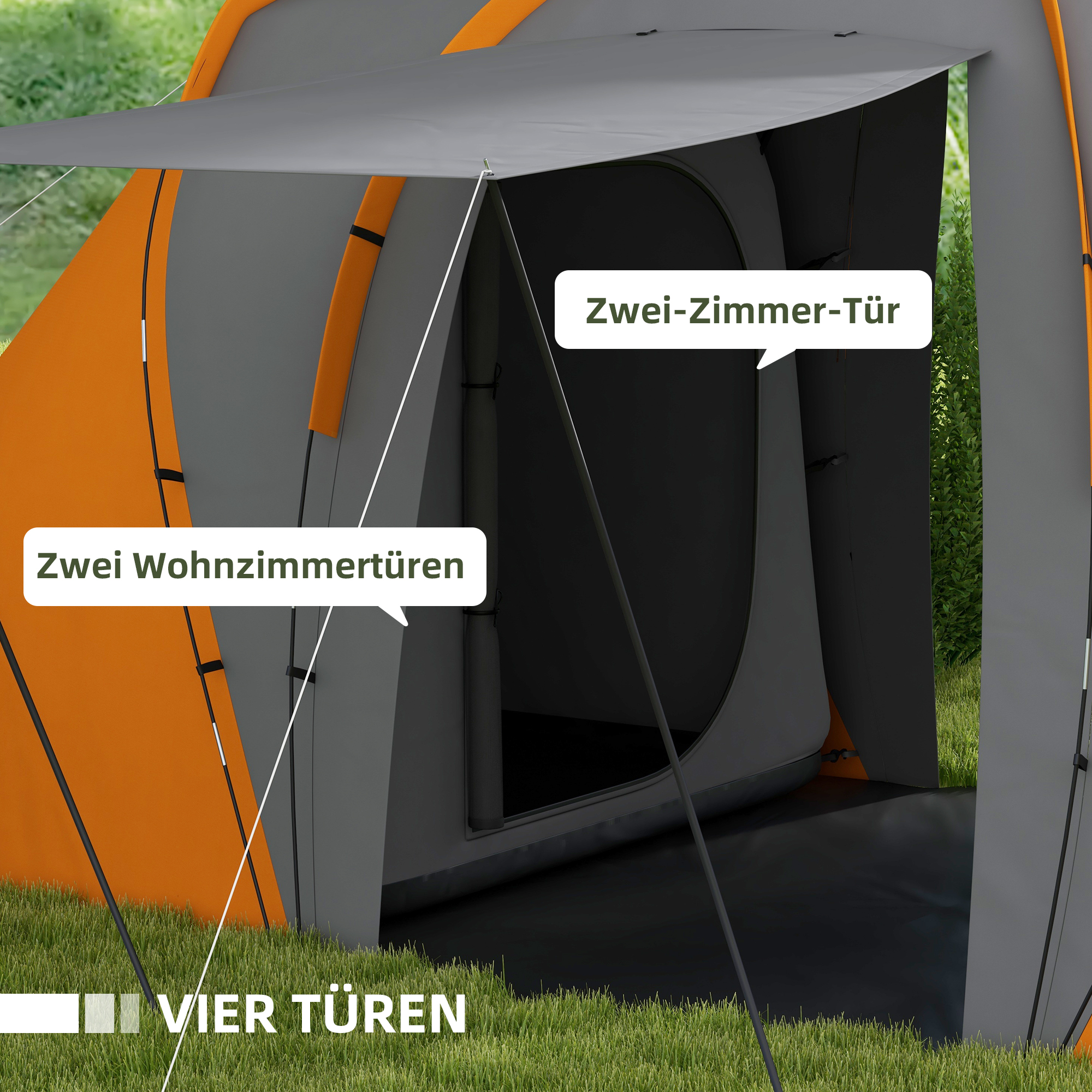 Tunnelzelt, 2000mm Wasserabweisend Campingzelt für 4-6 Personen, mit 2 Schlafzimmern Wohnbereich Tragetasche Grau+Orange
