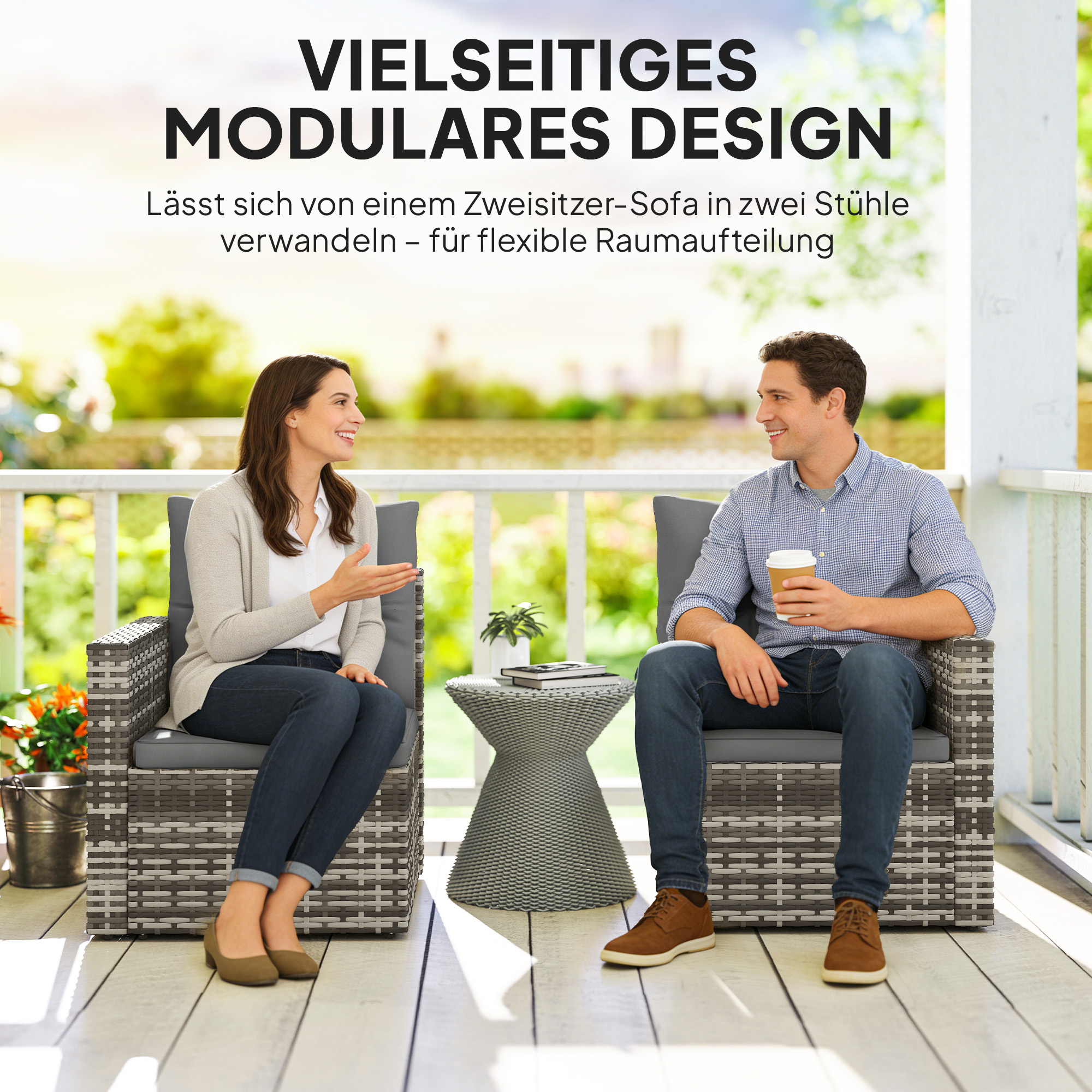 2-Sitzer Rattansofa mit Kissen Klappbar Seitentabletts Loungesofa Sitzgruppe Hellgrau