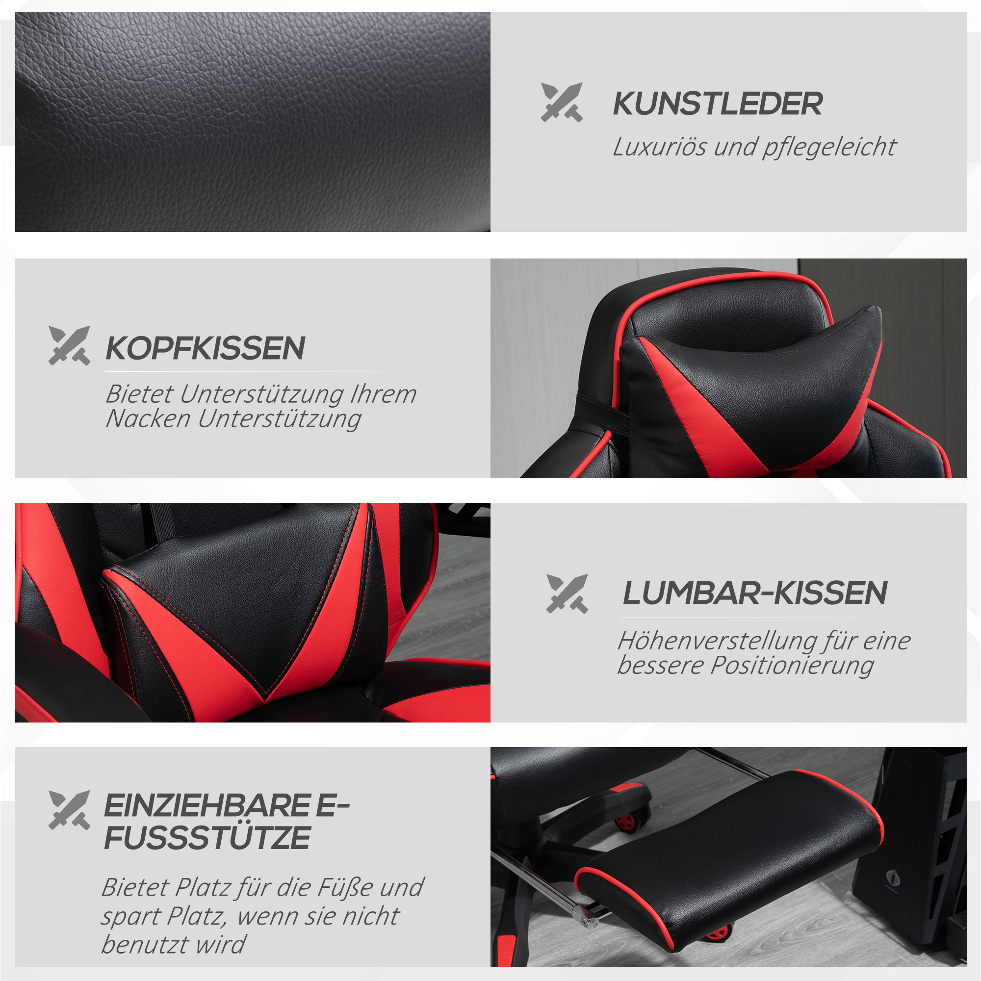 Ergonomischer Bürostuhl, Gaming Stuhl, Drehstuhl mit einziehbare Fußstütze und verstellbarer Rücken Schaumstoff+PU-Leder+Metall, Schwarz+Rot, 65 x 70 x 118,5-128,5 cm