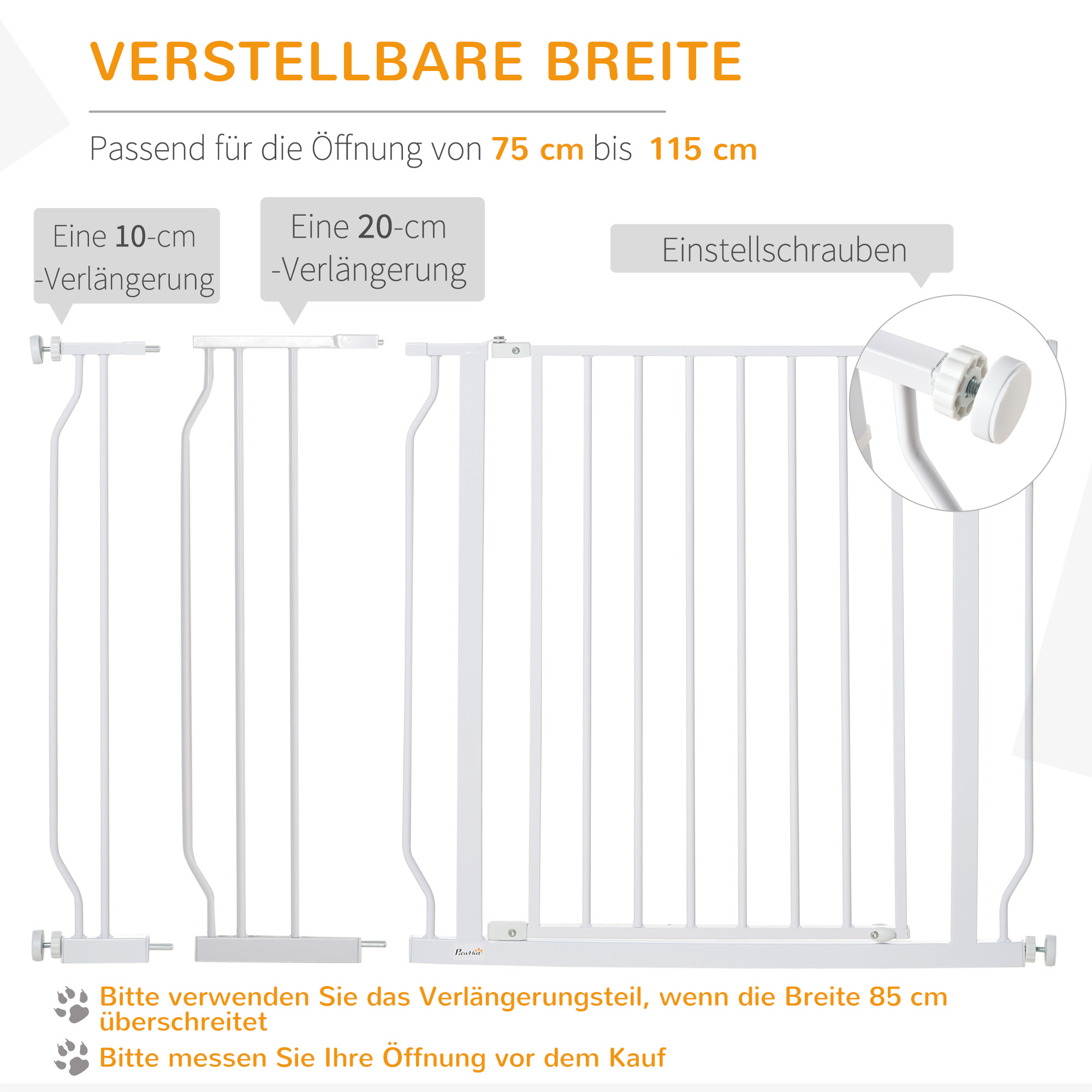 Hunde-Absperrgitter, Klemmmontage, verstellbare Länge, Stahl/ABS, 75-115 x 76cm, Weiß