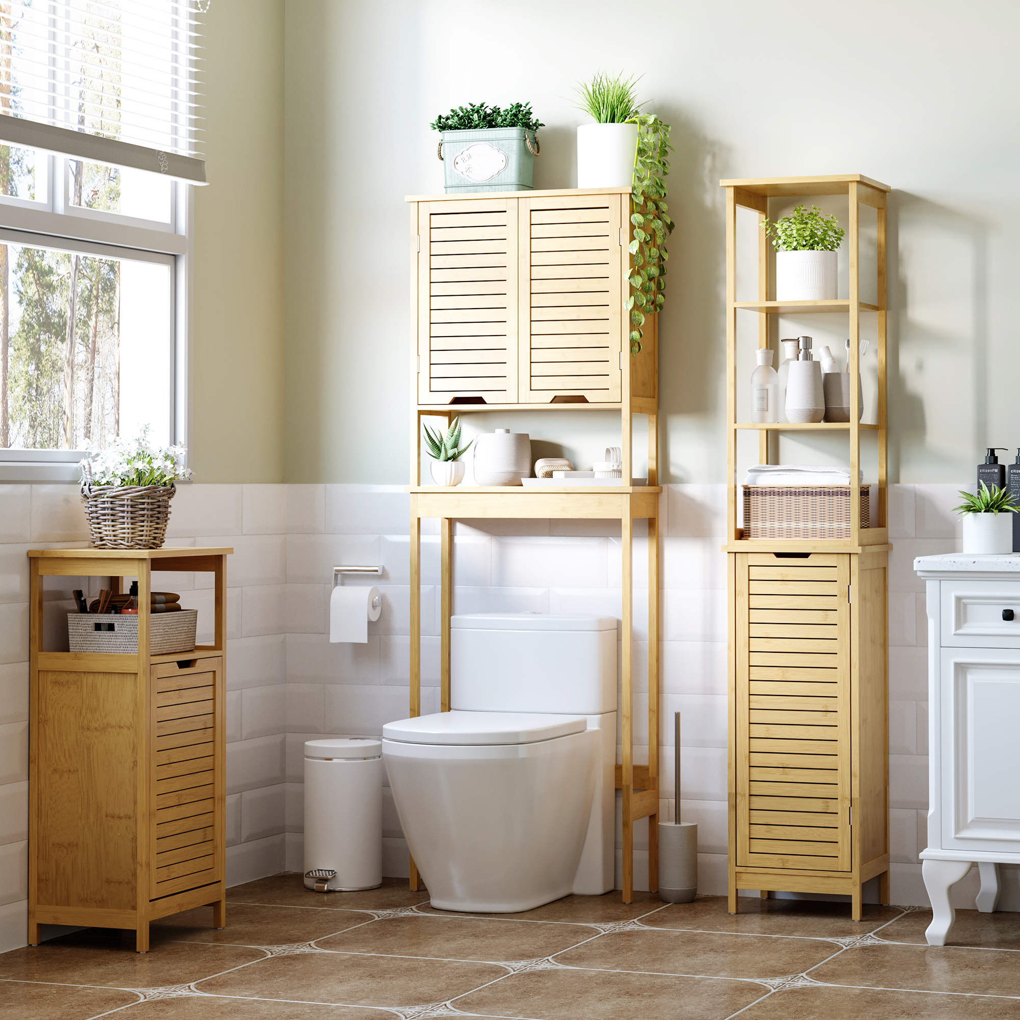Badschrank, Hochschrank, drei Regalböden, ein Schrankfach mit Lamellentür, Kippschutz, Bambus, 34 x 30 x 173cm