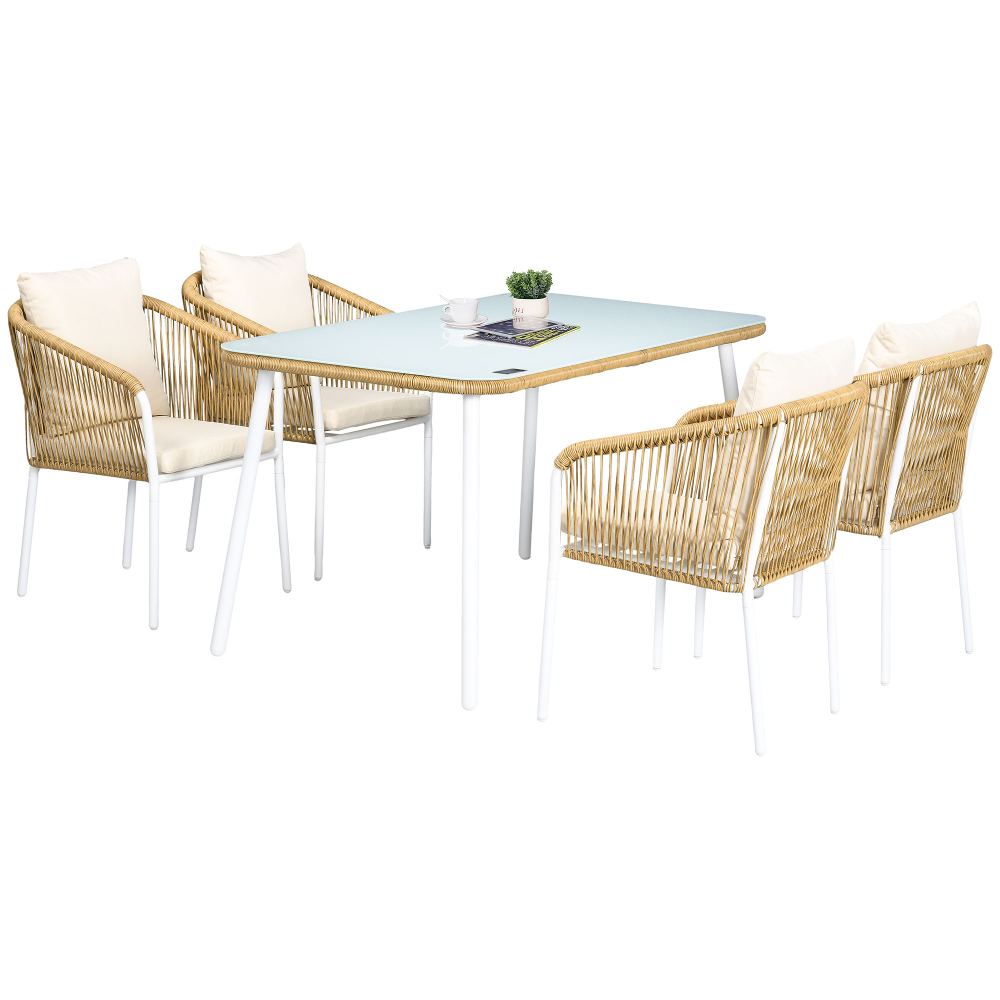 Gartengarnitur, 5-teilig, Rattanoptik, Sitz- & Rückenkissen, rostfreier Alu-Rahmen, Gelb/Weiß/Beige