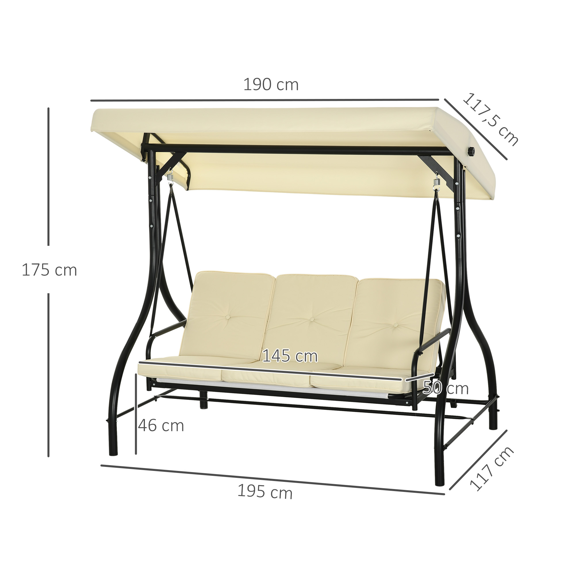 Schaukelbank, Hollywoodschaukel mit Sonnenschutz, Gartenschaukel, Verandaschaukel, 3 Sitze, Schaukelbett