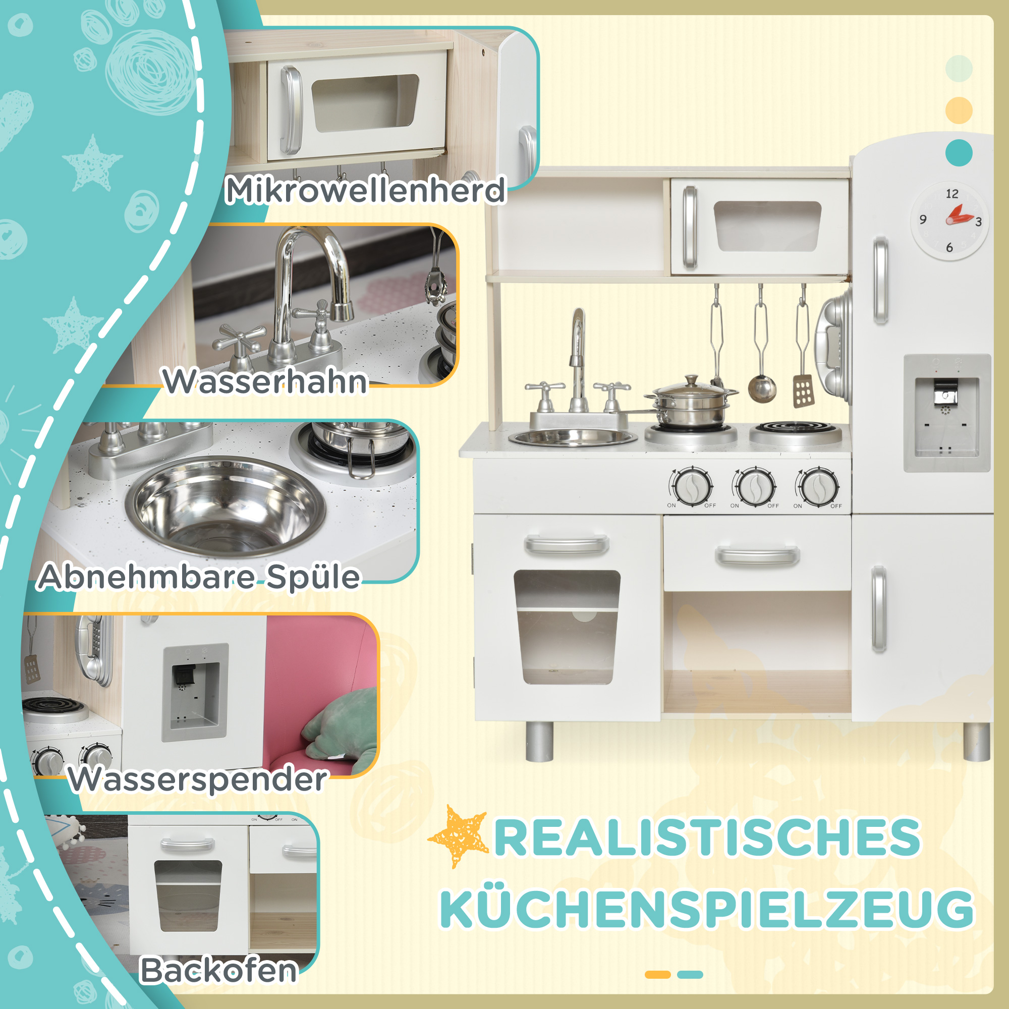 Kinderküche mit Zubehör, Traumküche, Spielküche, Spielzeugküche für Kinder ab 3 Jahren, Kiefer, MDF, Weiß, 74 x 30 x 81 cm