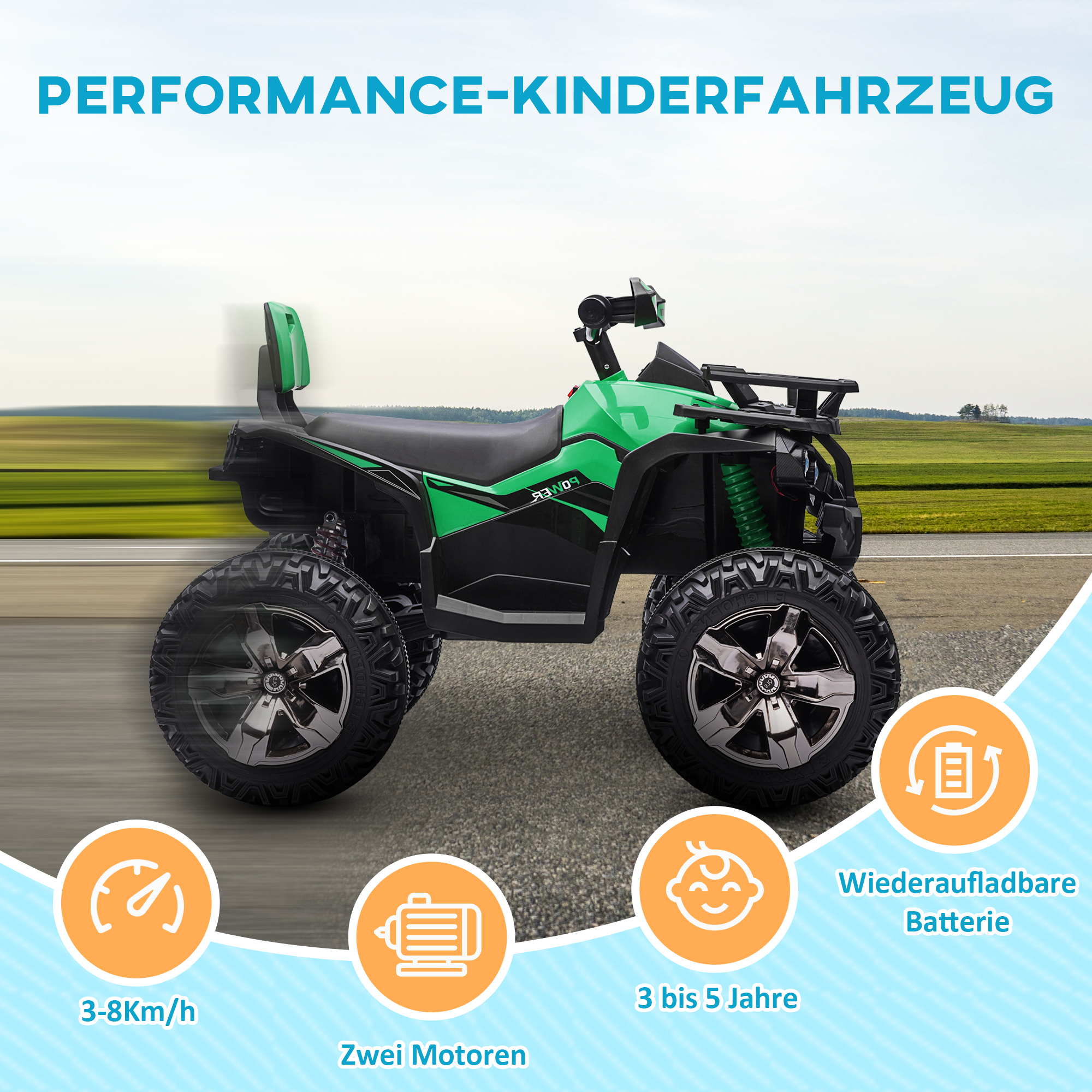 Elektroquad für Kinder, Licht & Musikanschluss, 3-8 km/h, für 3-5 Jahre, Grün