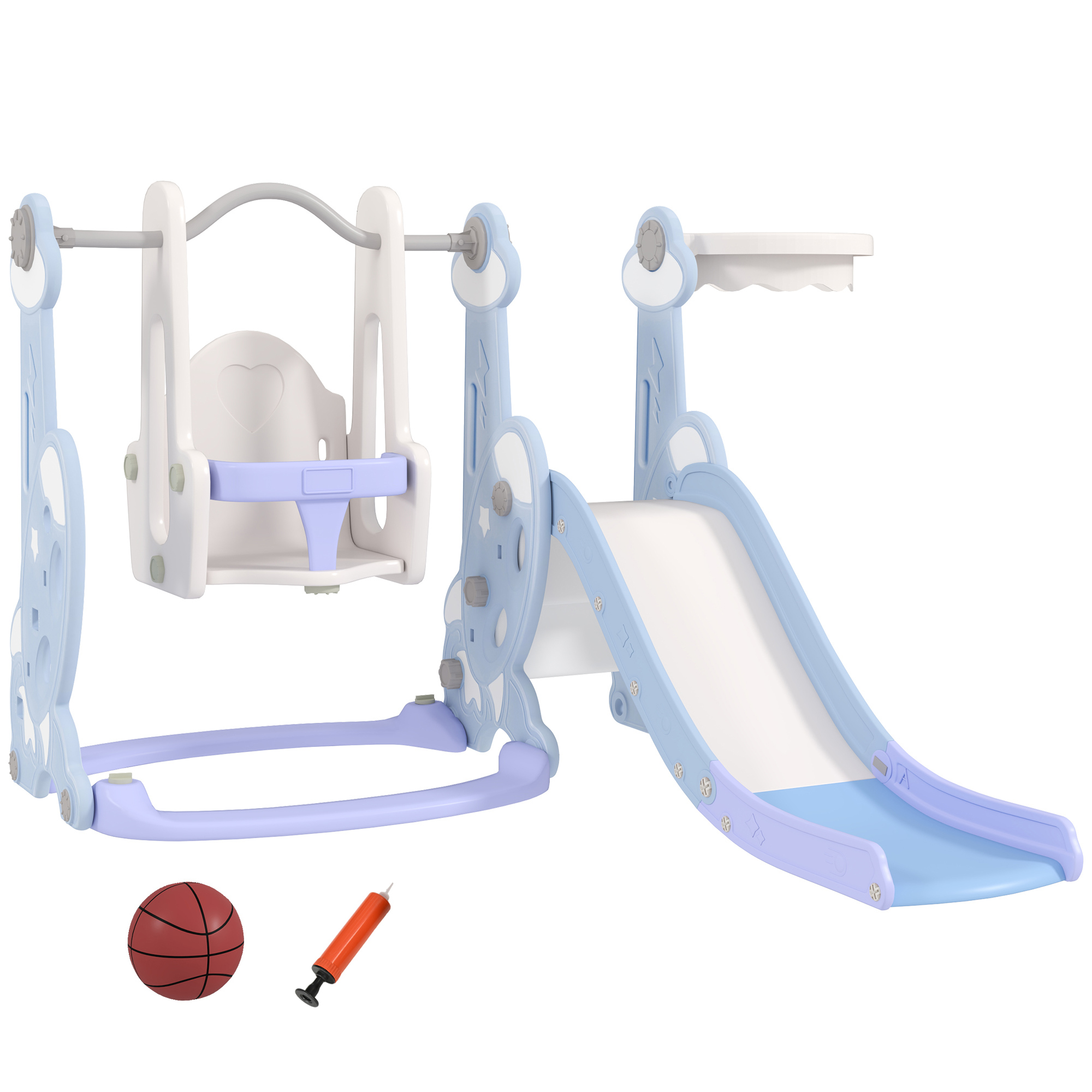 4-in-1 Indoor-Spielplatz, Rutsch- und Schaukelset für Kleinkinder, Basketballkorb, Raketendesign, Kunststoff, Hellblau