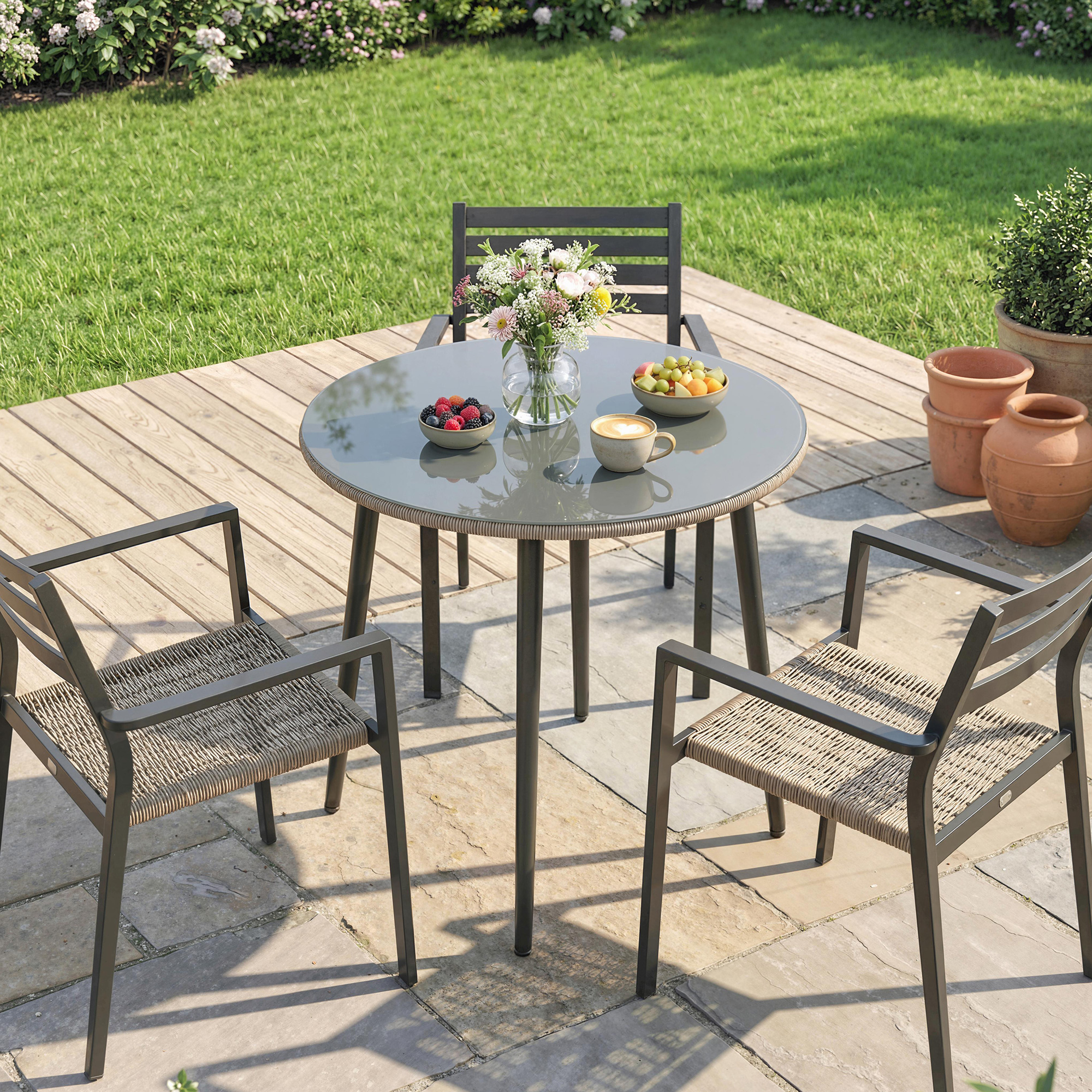 Gartentisch Stahl Buffettisch mit Stahlrahmen, PE-Rattan-Rand, verstellbaren Füßen, 4 Personen 80 x 80 x 74 cm Grau