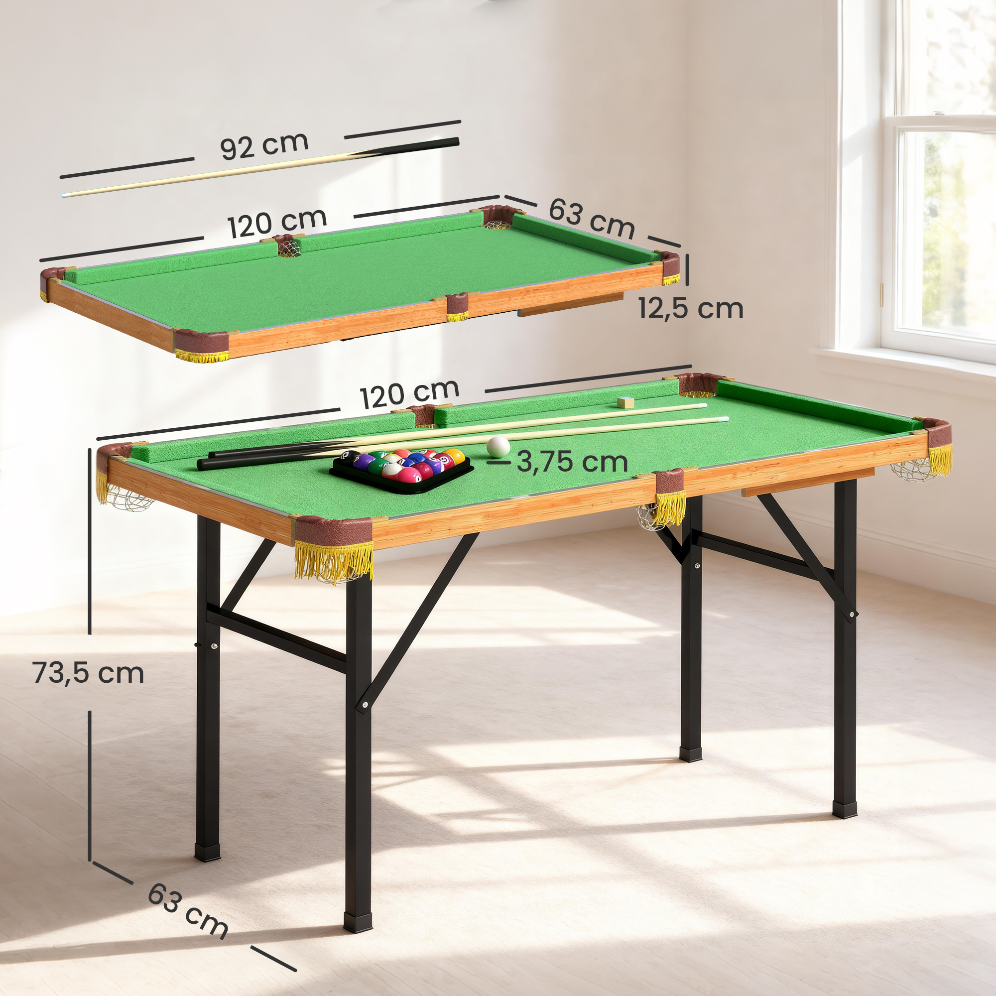 Klappbarer Billardtisch, Mini-Billiard-Tisch, 2 Queues, 16 Kugeln, Dreieck, Bürste, Grün