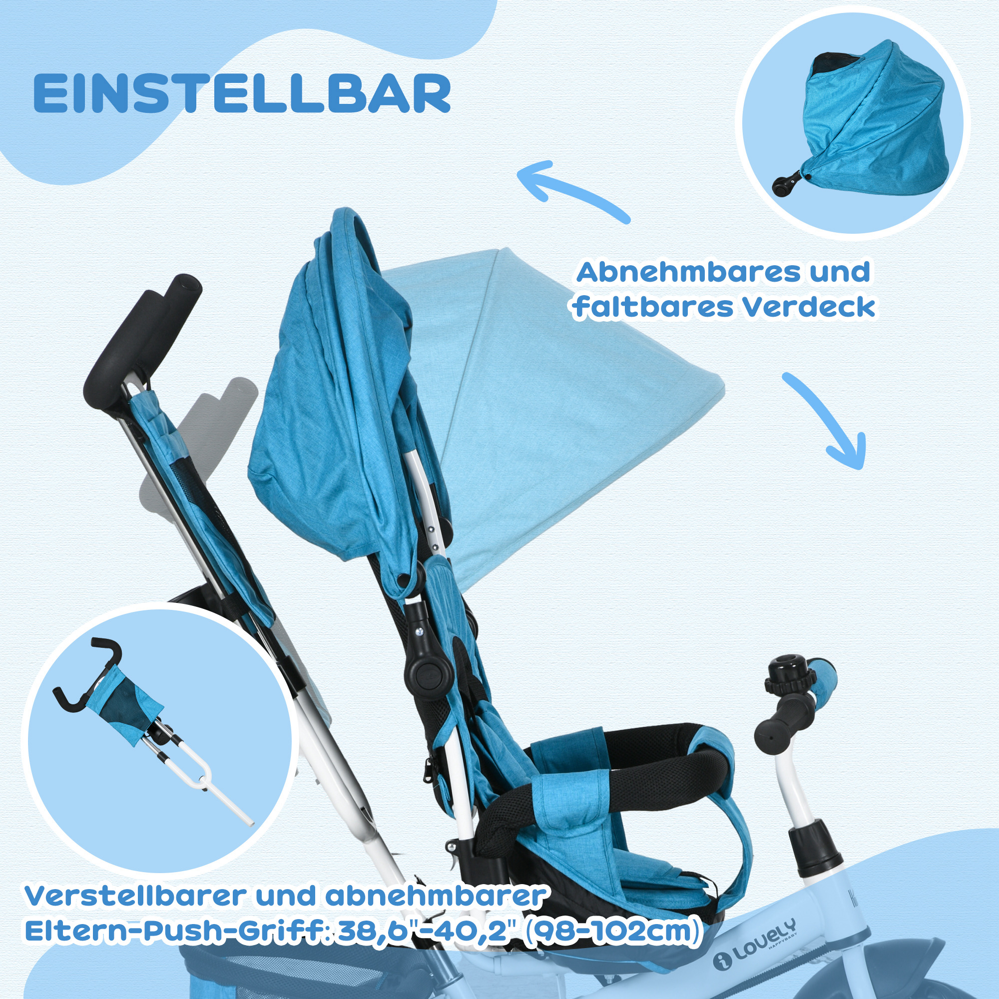 Kinder-Dreirad, Kinderfahrrad, Rückenkorb, Becherhalter, Sonnendach, Metall, Blau