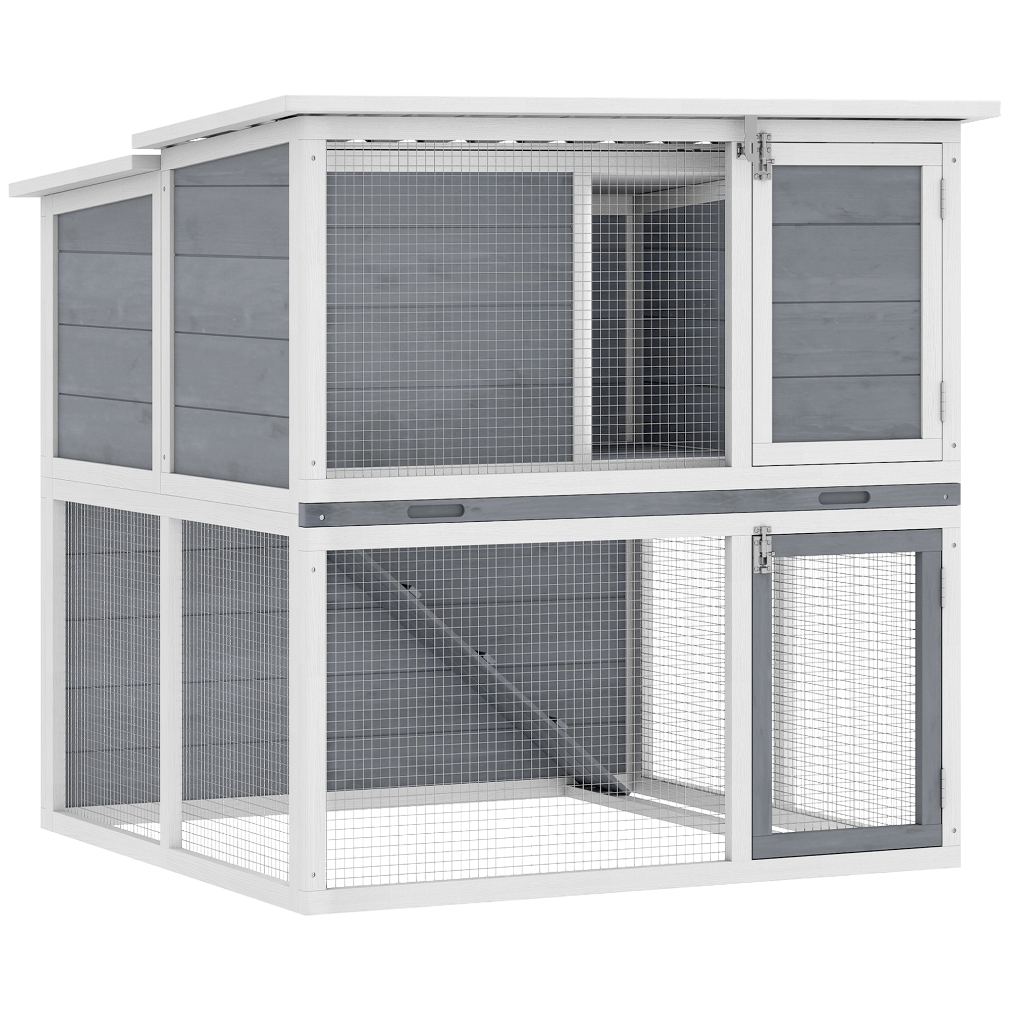 Hasenstall 2 Etagen, Kaninchenstall aus Holz mit wetterfest aufklappbares Dach, Freilaufgehege, Rampe, 98x95x102,5 cm Grau