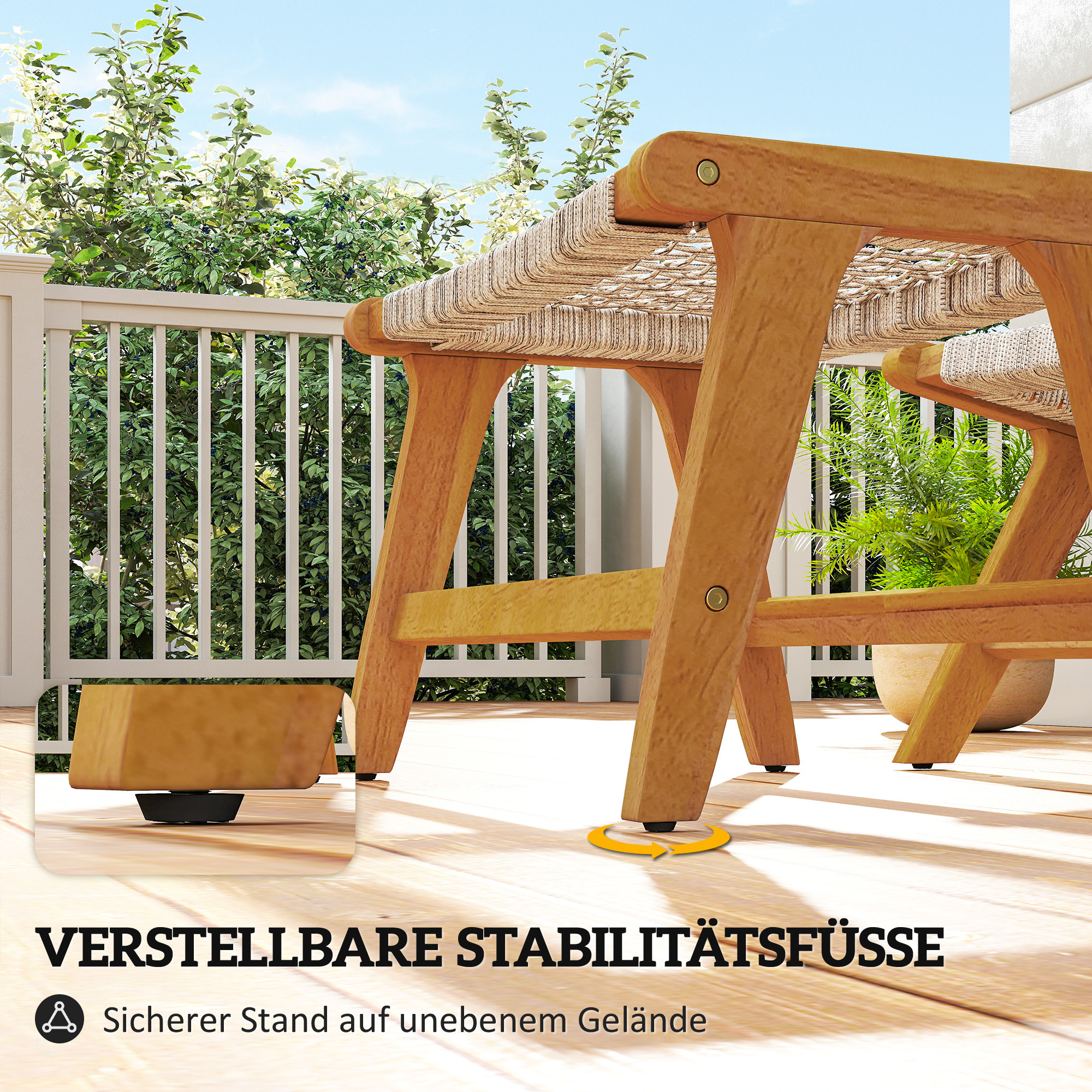 Gartensessel mit Hocker 2-teilig Akazienholz Outdoor Loungesessel mit Rattan-Sitz Boho-Stil verstellbare Füße