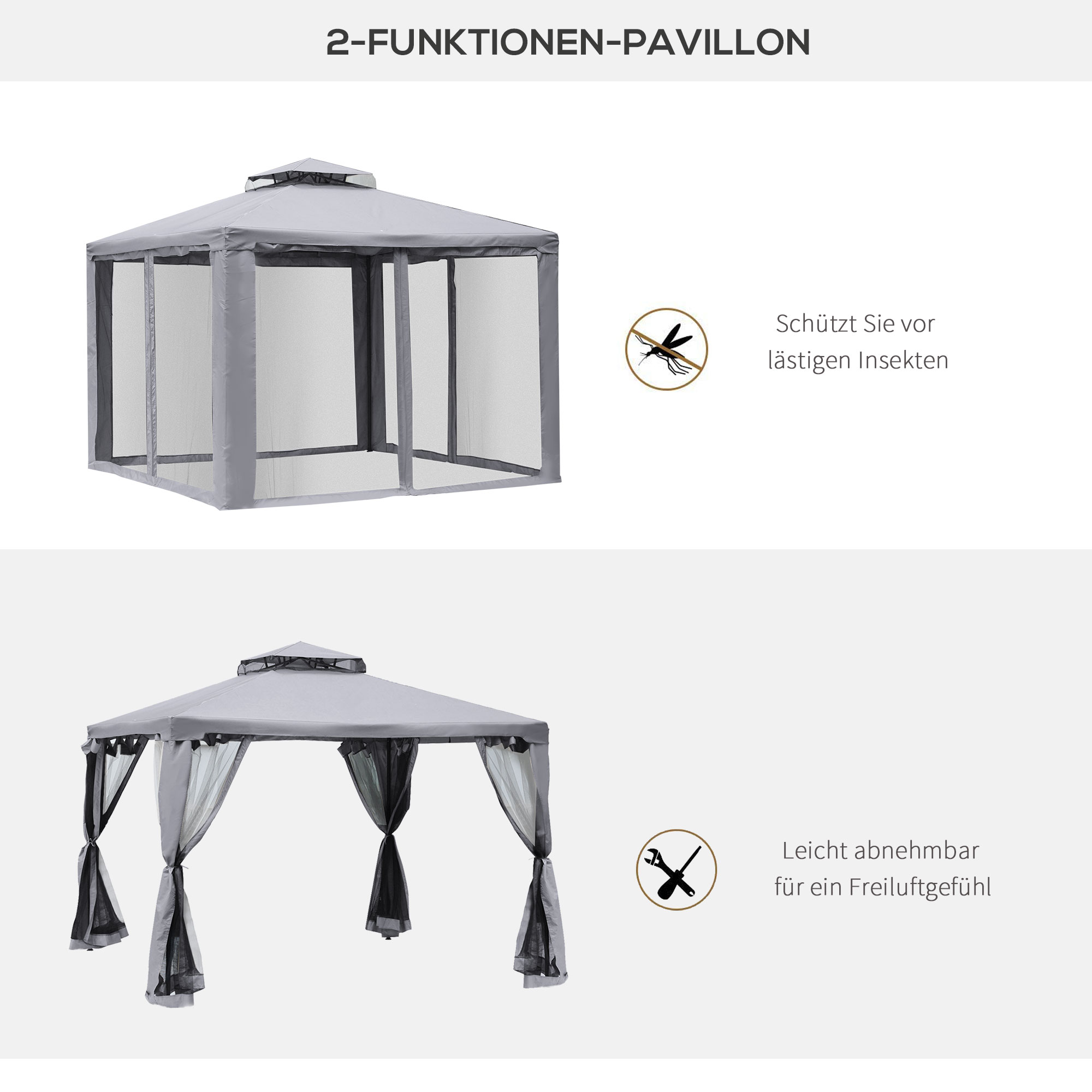 Pavillon mit Doppeldach, 3x2 m Wasserdicht Stabil Winterfest Gartenpavillon mit Moskitonetz, Seitenteile, Garten-Pavillon aus Metall, für Garten, Terrasse, Hellgrau