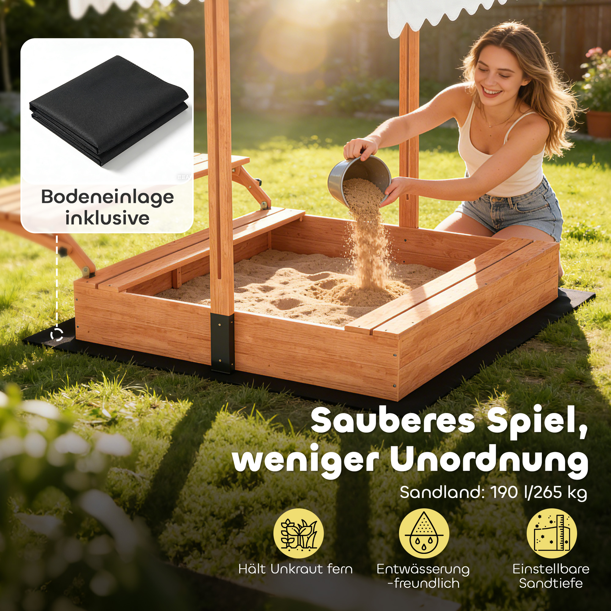 Sandkasten mit Dach Sandkiste aus Holz mit klappbarem Picknicktisch Sitzbänken für 3-8 Jahre 184 x 110 x 120 cm Braun
