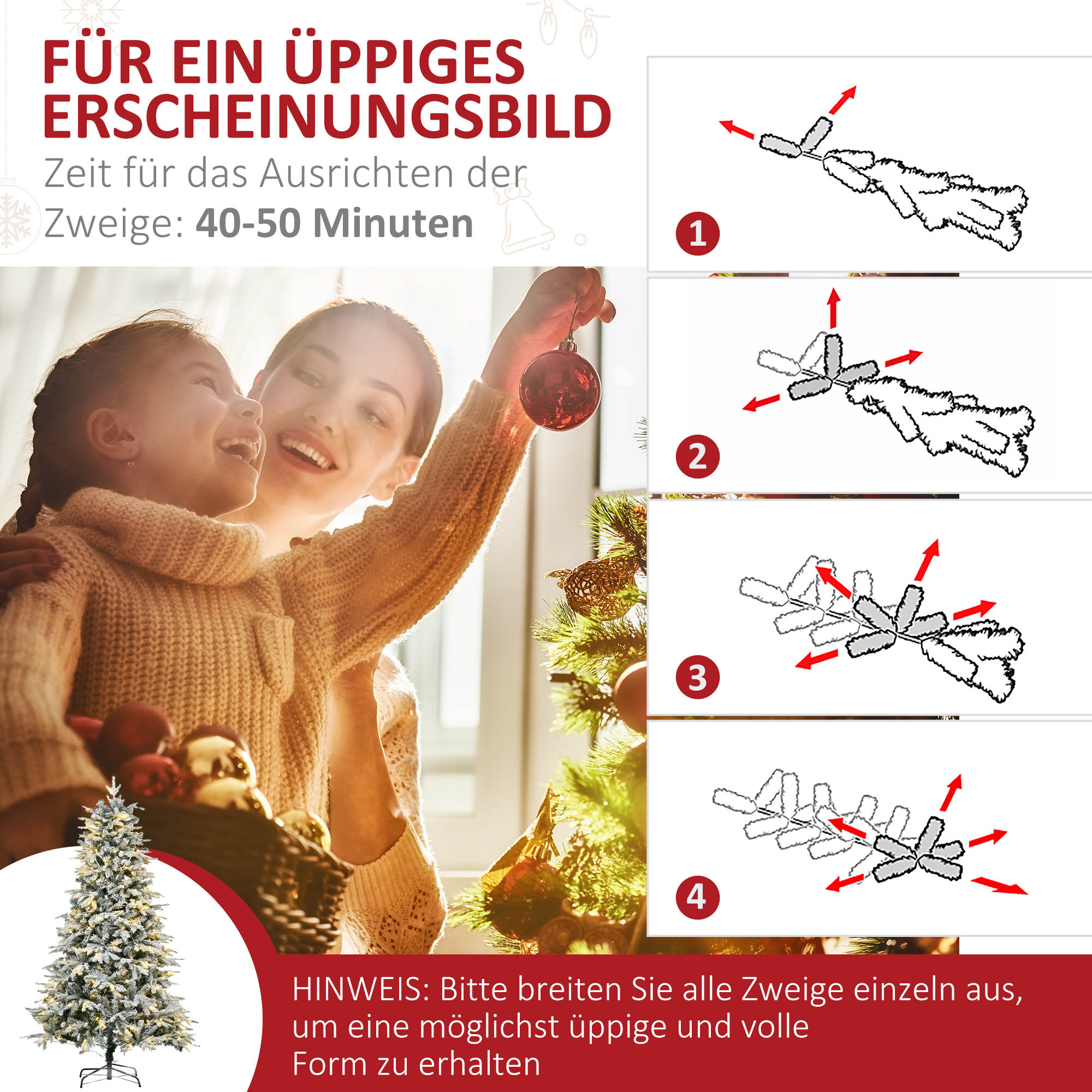 Künstlicher Weihnachtsbaum, Christbaum, inkl. Kunstschnee, LED-Lichter, 180 cm, Grün + Weiß