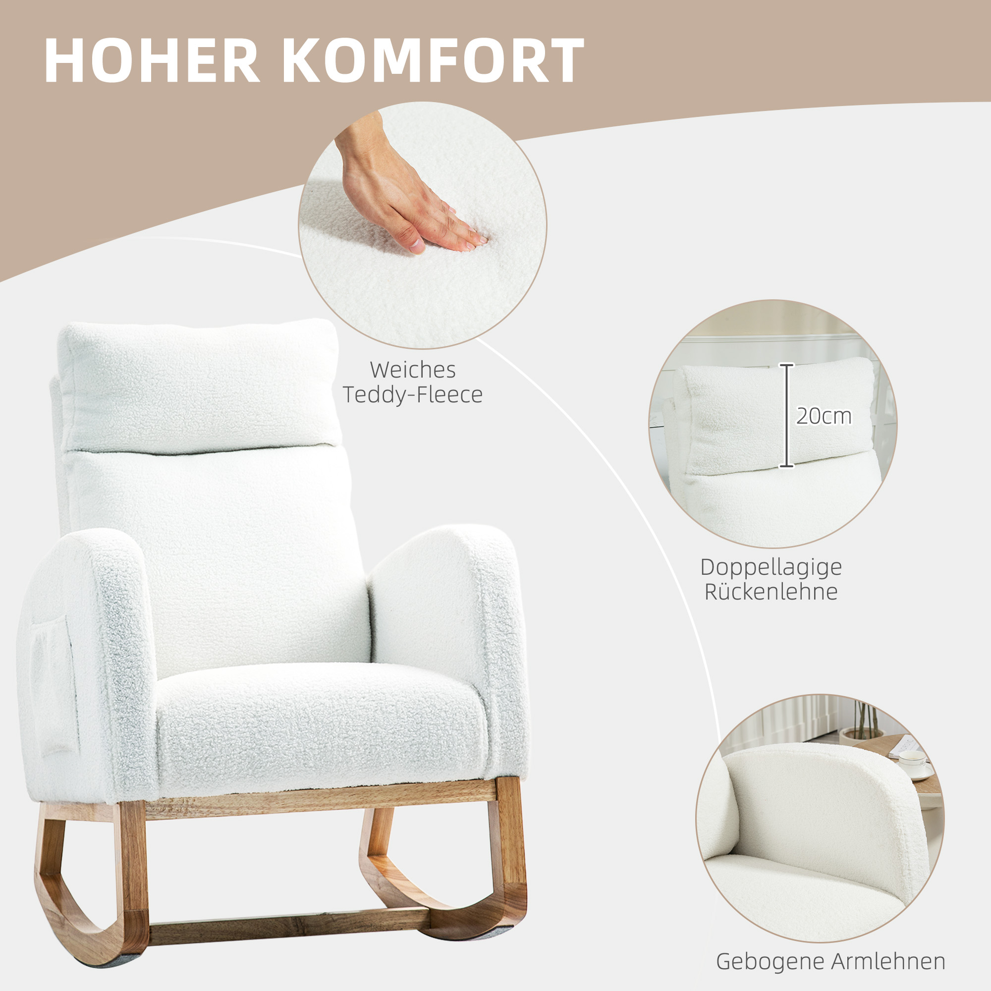 Schaukelstuhl, Relaxsessel, dicke Polsterung, kuscheliger Bezug, Holzrahmen, bis 120 kg Tragkraft, Cremeweiß