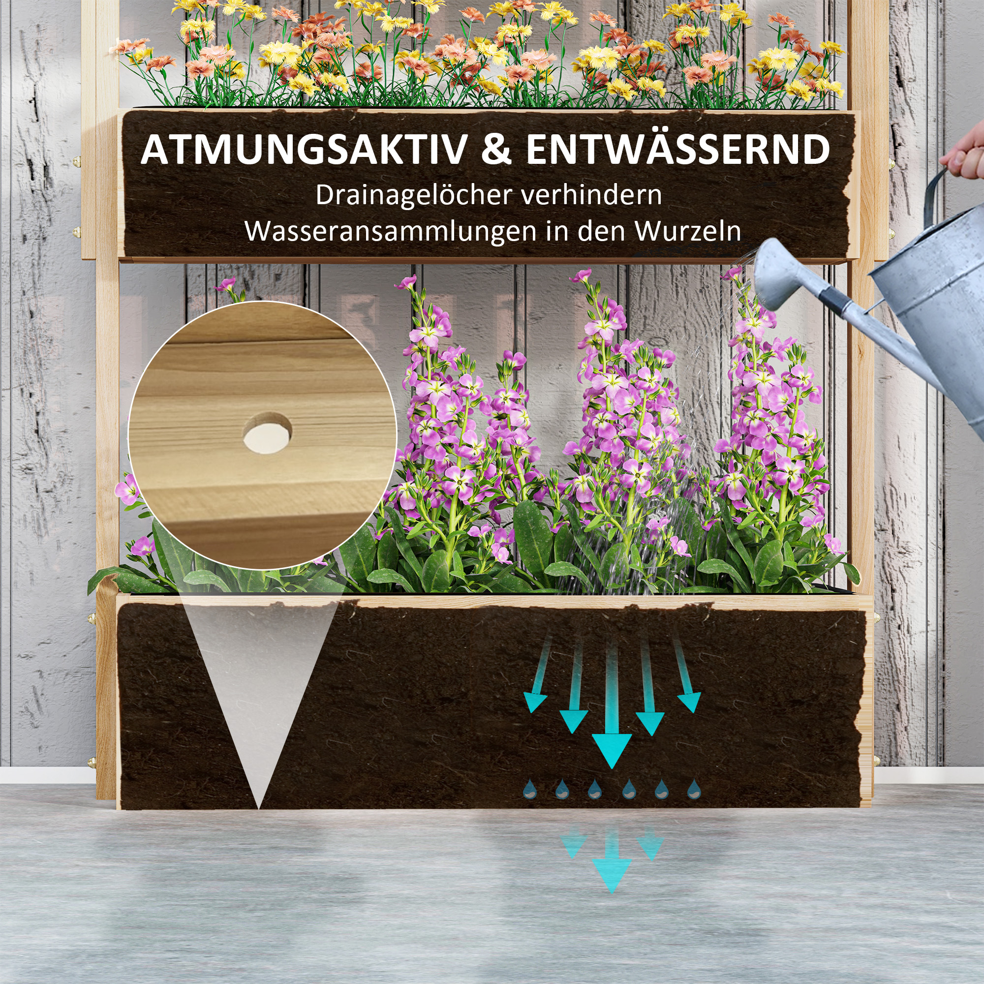 Hochbeet Holz, 4 Ebene Pflanzbeet mit Entwässerungslöcher Frühbeet Gartenbeet 88,5 x 45 x 140 cm Naturholz