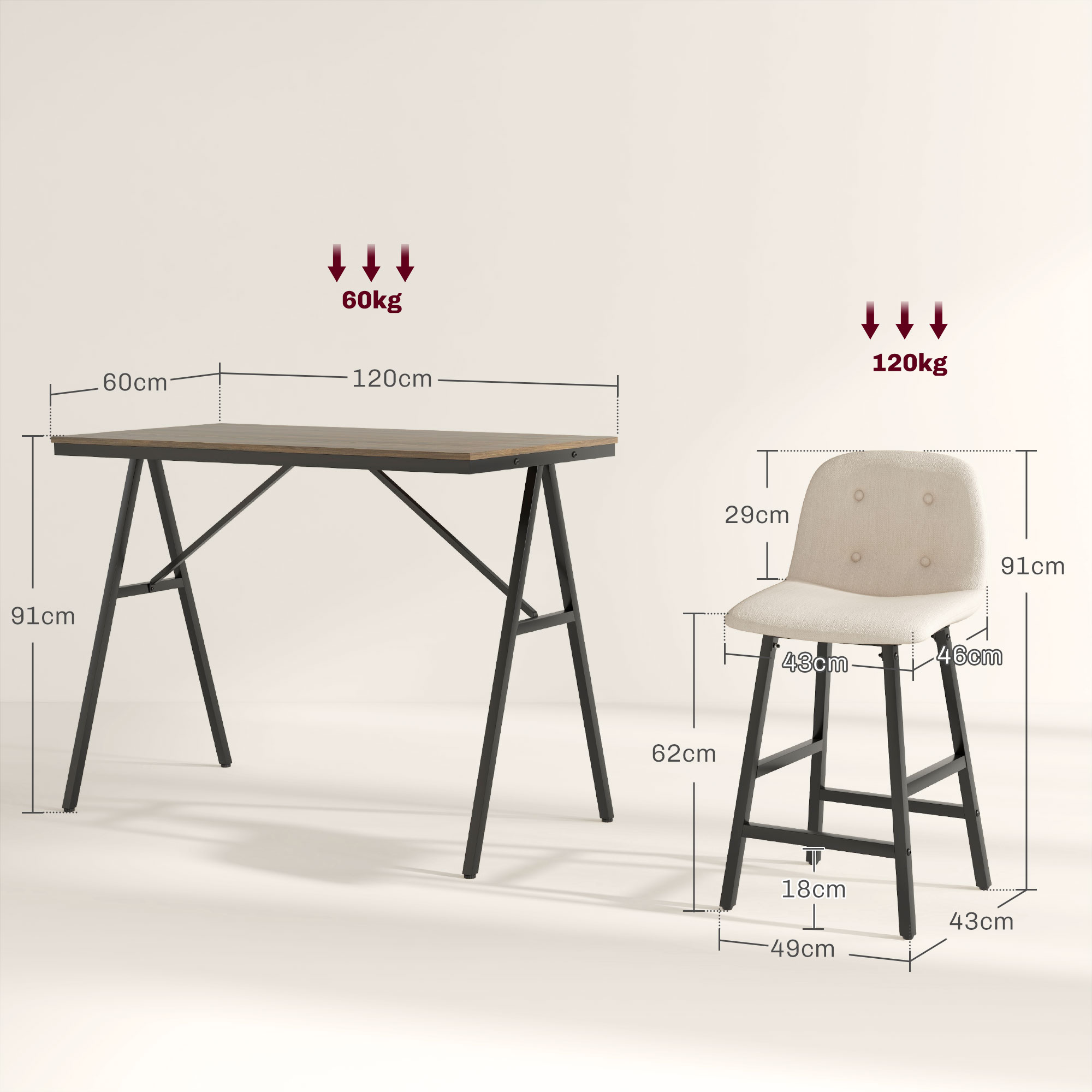 Bargarnitur 5-teilig, Tisch und 4 Stühle, Knopfheftung, dicke Polsterung, Leinenoptik, Beige