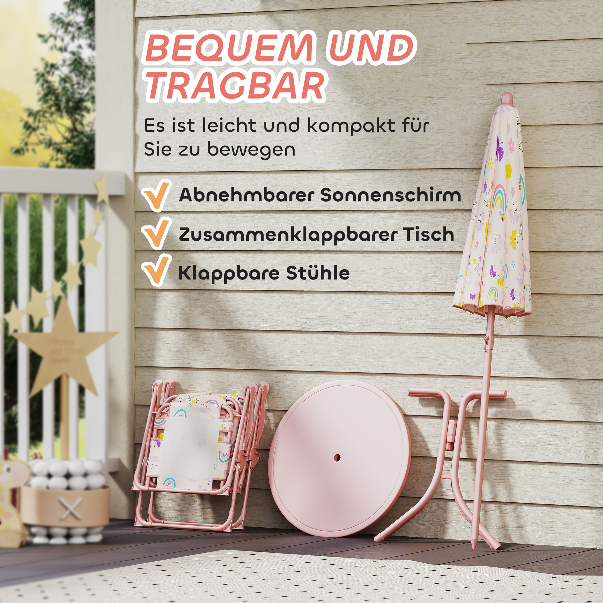 Kinder-Sitzecke, Klappstuhl-Sitz-Set mit Sonnenschirm, Buntes Muster, Rosa