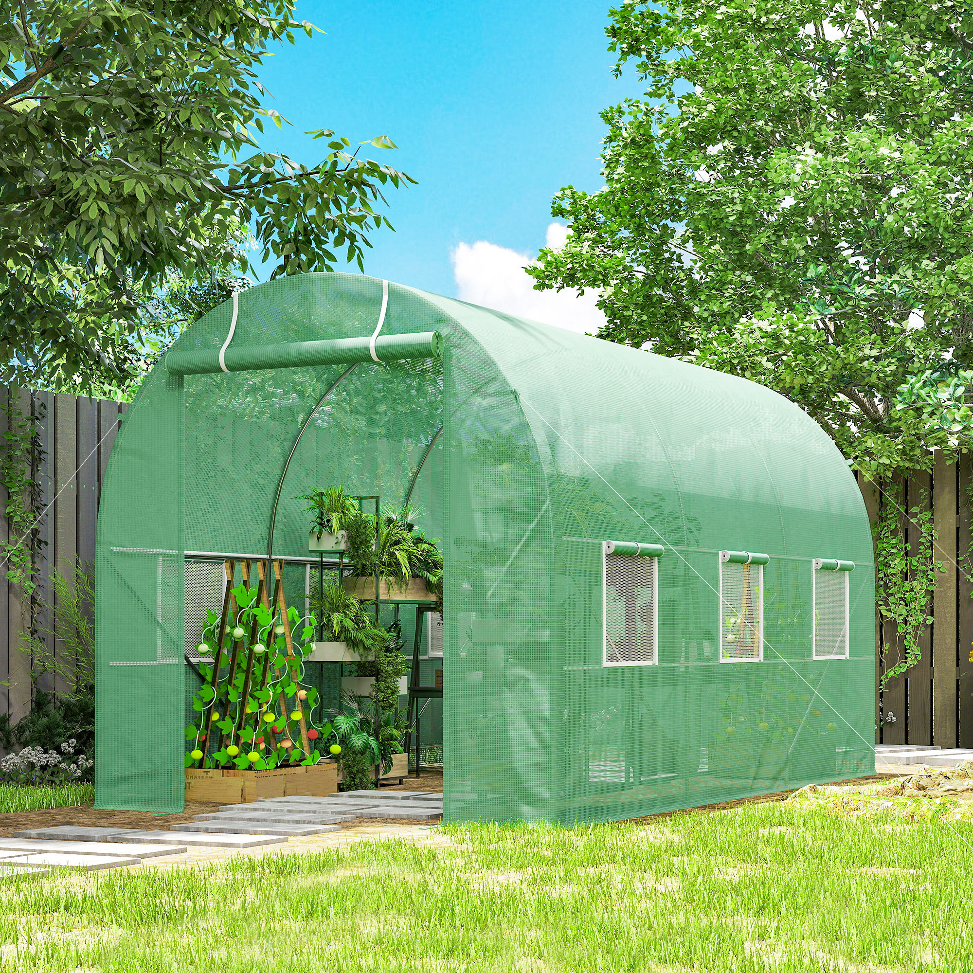 Gewächshaus 350x200x200cm Foliengewächshaus Tomatenhaus mit Tür, 6 Fenster, Folientunnel aus verzinktem Stahl, PE, stabiles Treibhaus Pflanztunnel, inkl, Erdanker & Seilen, Grün