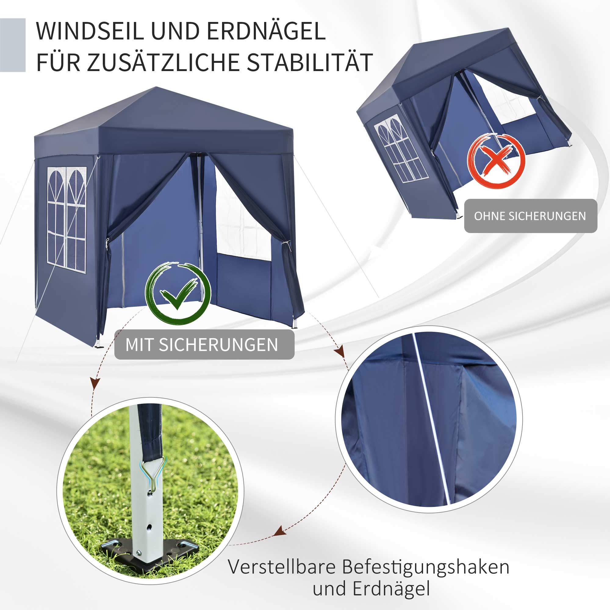 Faltpavillon, Bierzelt, 4 abnehmbare Seitenwände, 2 Fenster, Metallrahmen, 2 x 2m, Blau