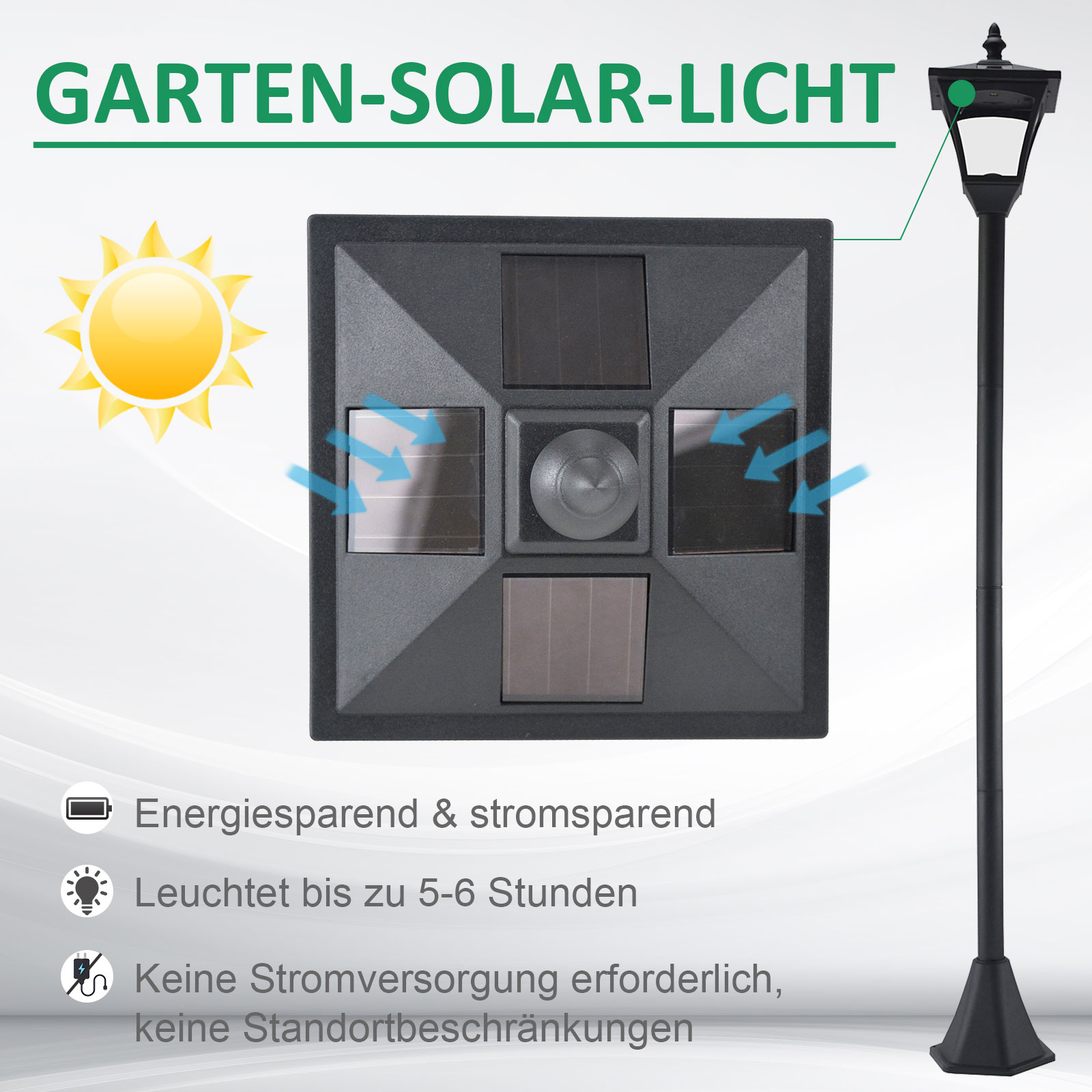 LED Solar Gartenlaterne, Gartenlampe aus Kunststoff 120 cm hoch Stehleuchte IP44, Gartenlampe mit 30 Lumen Lichtsensor Solarlampe mit Erdspieß, Windlicht für Garten Balkon Schwarz