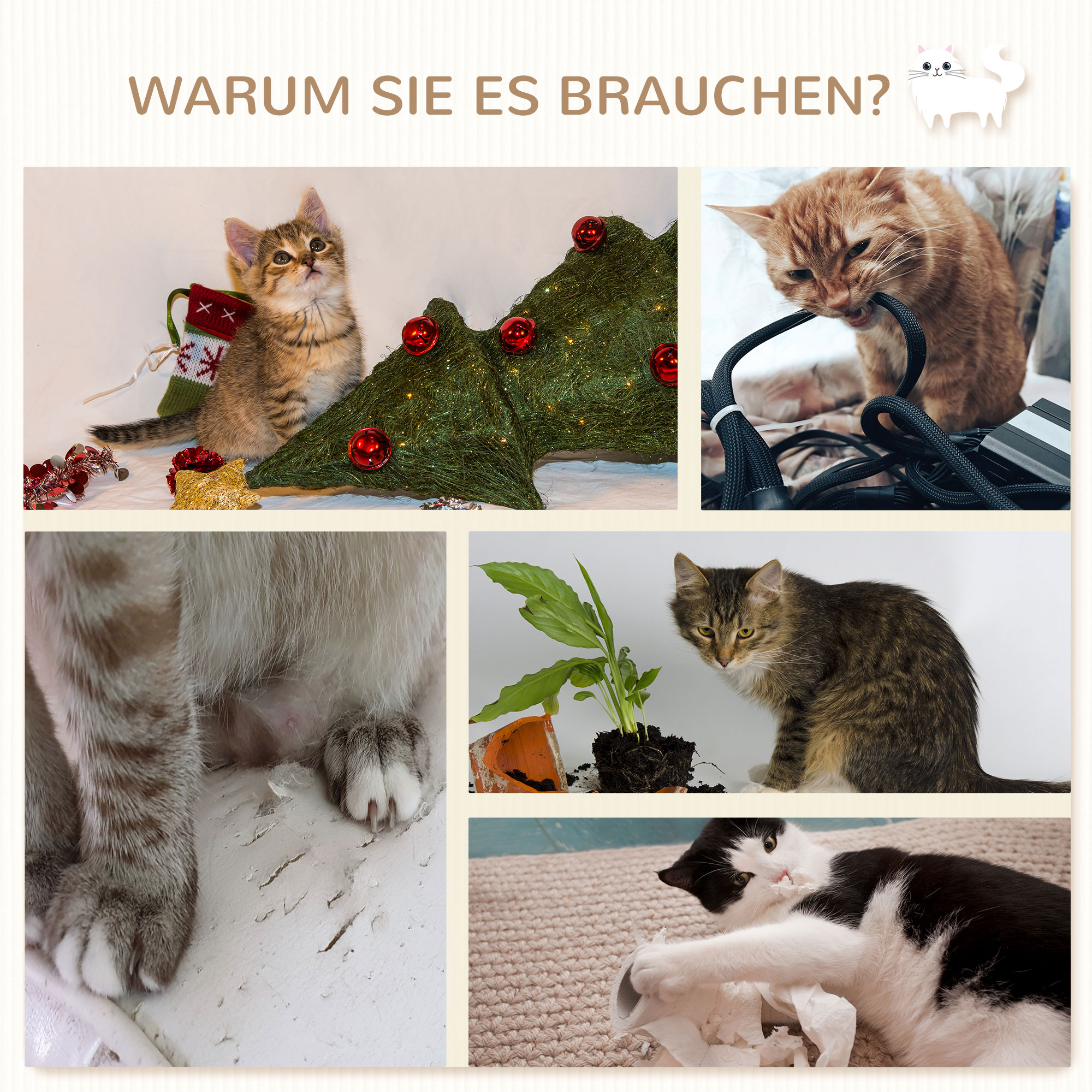 Kletterstufen, Kletterwand, Katzentreppe, 4-tlg. Set, mit Kratzbaum, Hängematte, beige+cremeweiß, 40 x 28 x 73cm