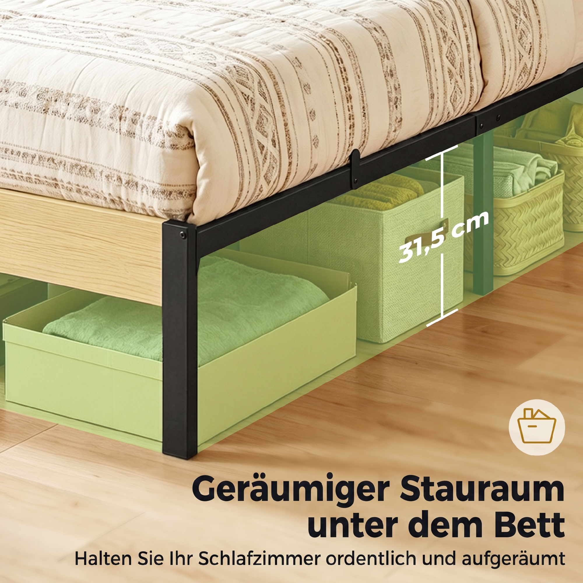 Bettgestell 90 x 200 cm mit Kopfteil, Plattformbett, Einzelbett mit Stauraum unter dem Bett