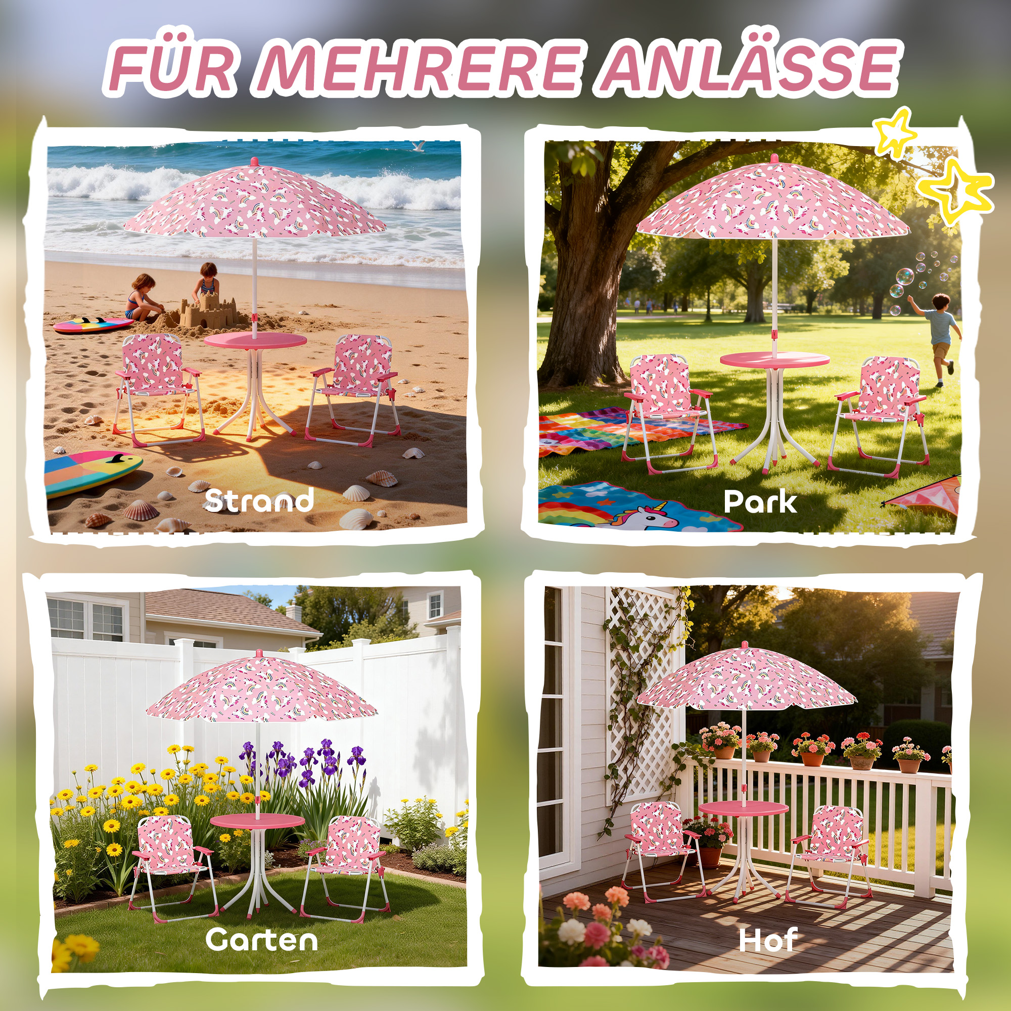 Kindersitzgruppe, 4 teilige Kindersitzgarnitur mit abnehmbarem Sonnenschirm, Kindertisch mit 2 Klappstühlen, Rosa