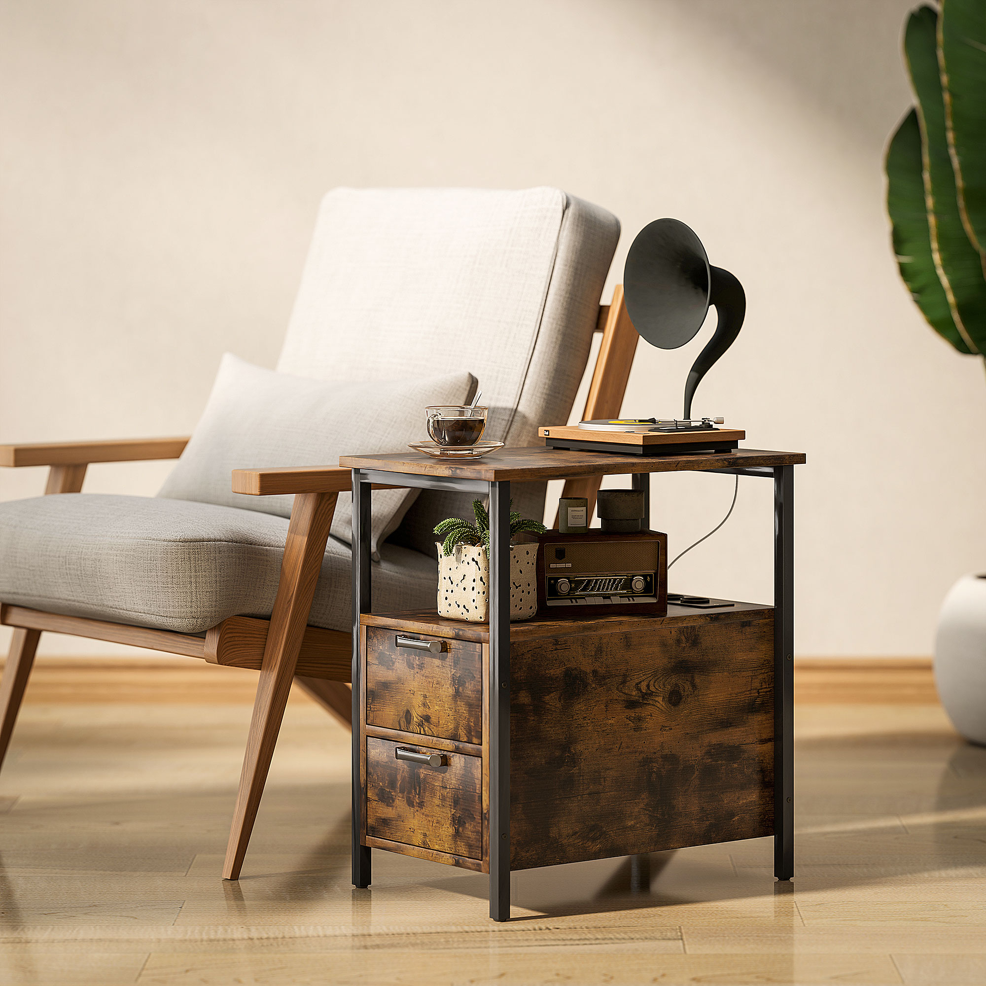 Beistelltisch mit Aufladestation, USB-Anschlüssen, Steckdosen, 2 Schubladen und Regal für Wohnzimmer, Schlafzimmer