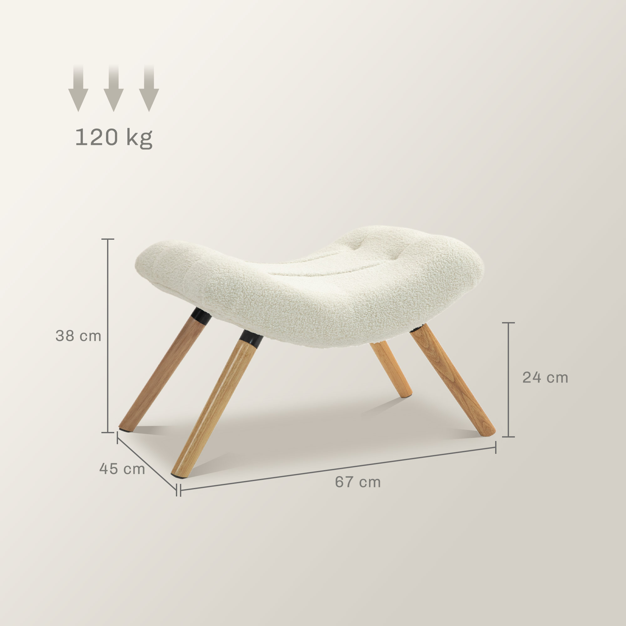 Moderner Fußhocker mit Fleece-Bezug und Holzbeinen, gepolstert, für Wohnzimmer, Schlafzimmer, Flur, Cremeweiß