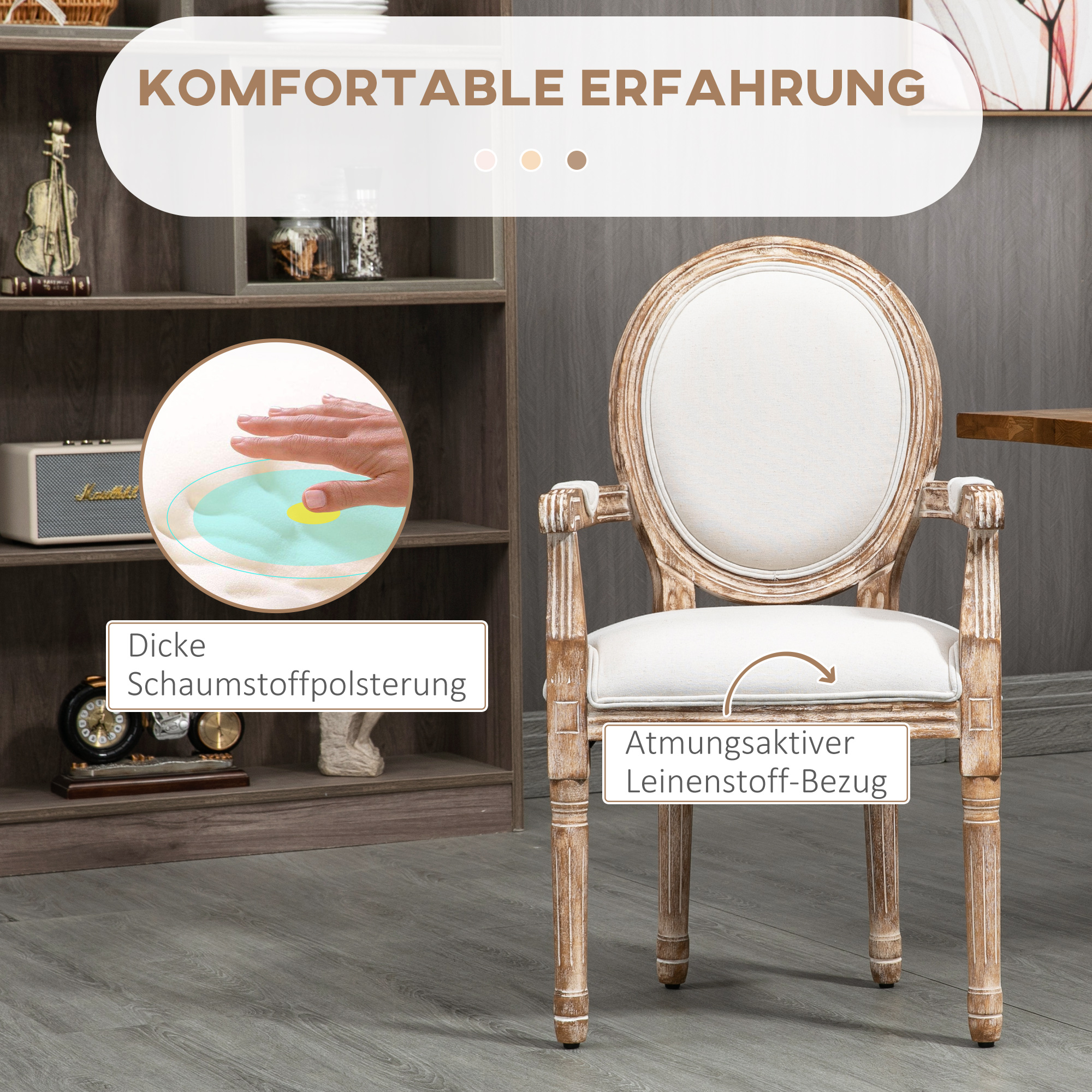 Küchenstuhl mit Armlehnen Polsterstuhl Esszimmerstuhl Retro-Design im Leinen-Optik für Wohnzimmer Gummiholz Cremeweiß+ helle Holzfarbe 56 x 56 x 96 cm