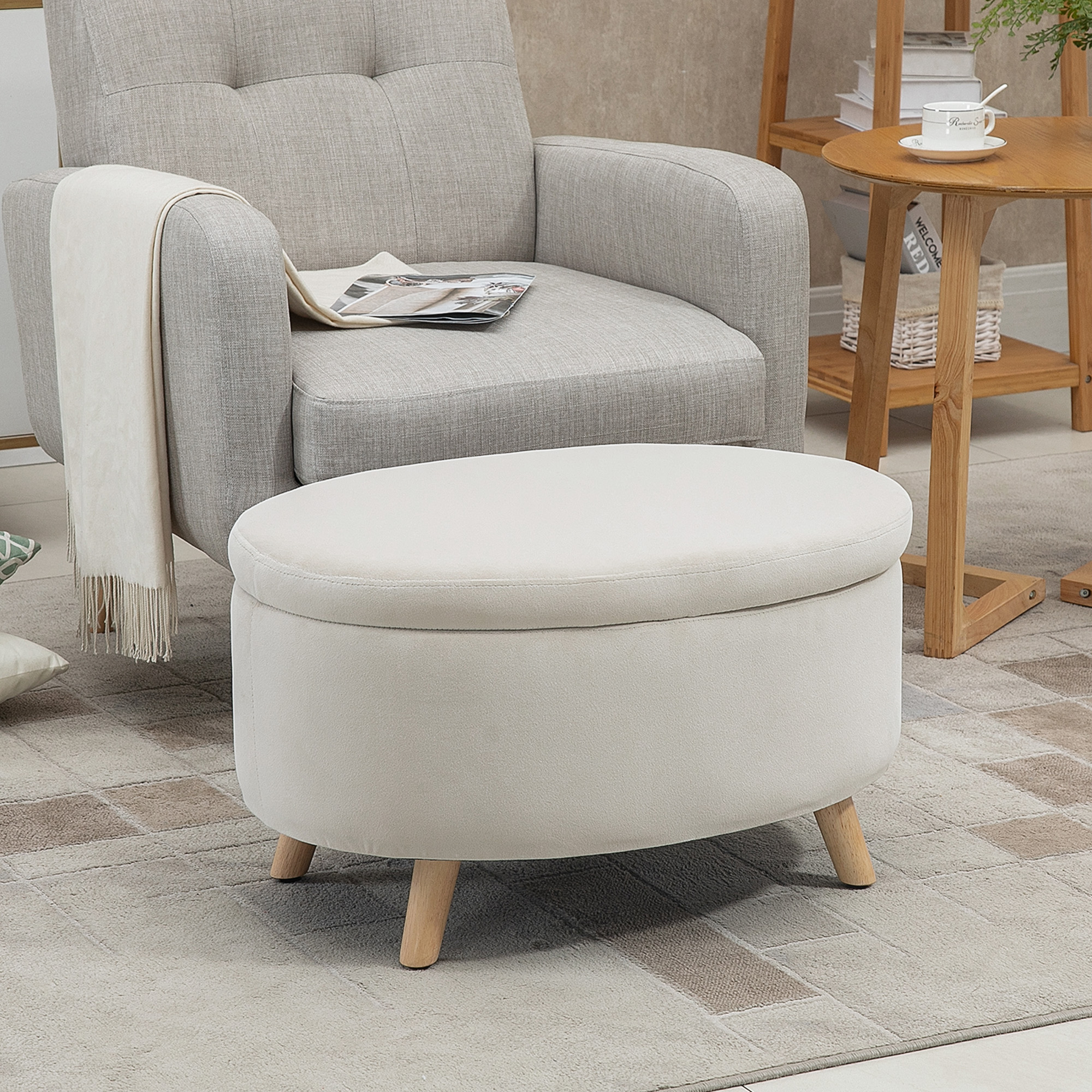 Sitzbank mit Stauraum, Hocker, ovale Form, Samtoptik, bis 120 kg, 71 x 51,5 x 42 cm, Beige