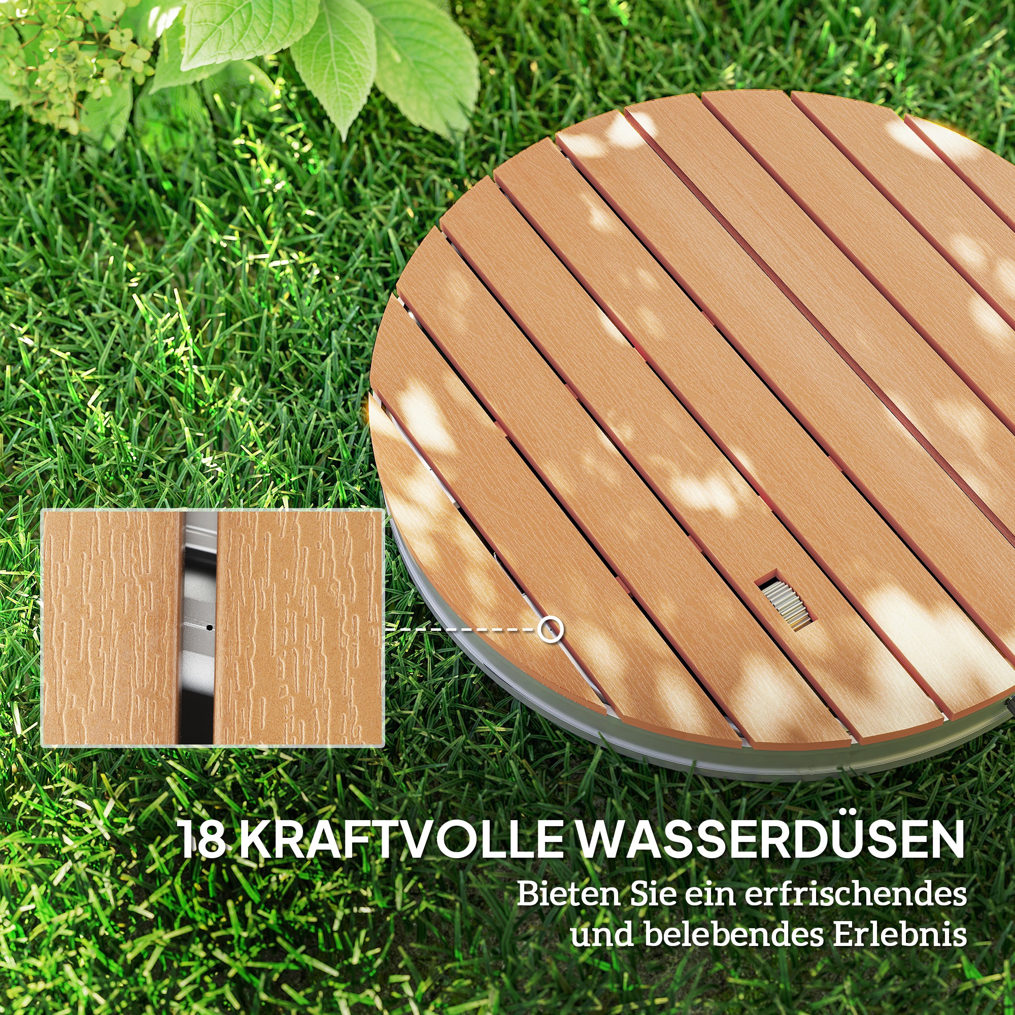Tragbares Außenduschen-Set mit anpassbarer Fontäne, Aluminiumbasis, UV- und Frost-resistent, Naturholzoptik
