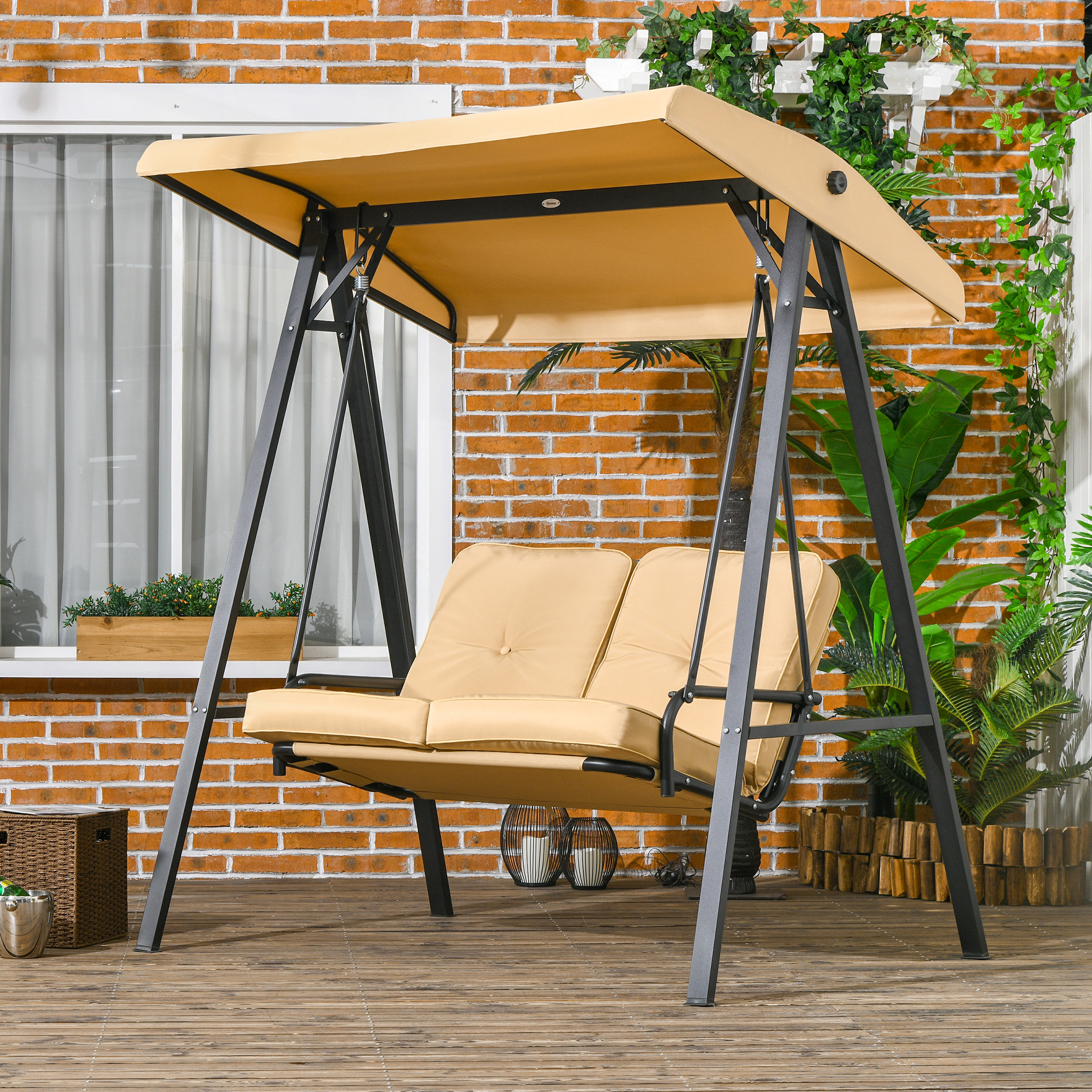 Hollywoodschaukel, 2-Sitzer Gartenschaukel mit verstellbarem Dach, bis 220 kg belastbar, 145 x 116 x 172 cm, Beige