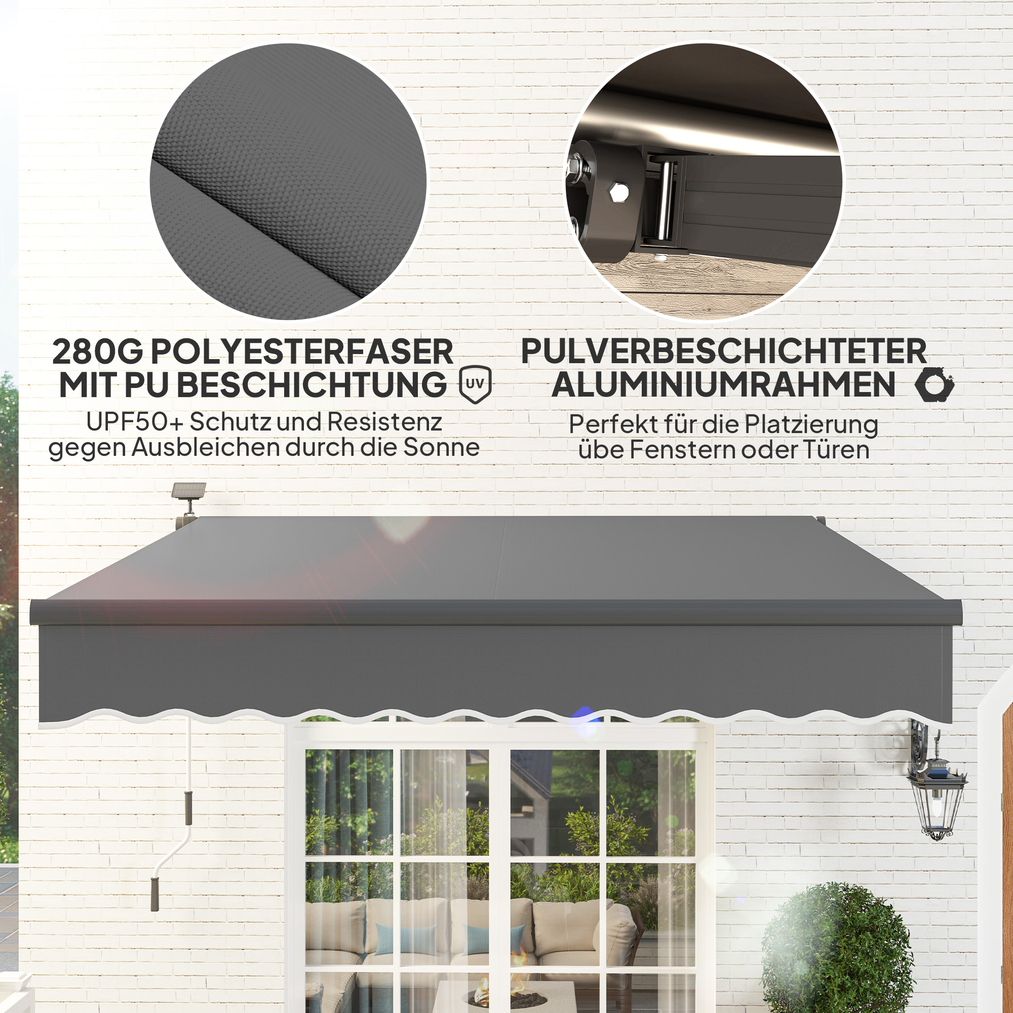 Klemmmarkise mit Handkurbel Solar-Lichte Gelenkarmmarkise Markise Sonnenschutz UV 50+ 300 cm breit Grau
