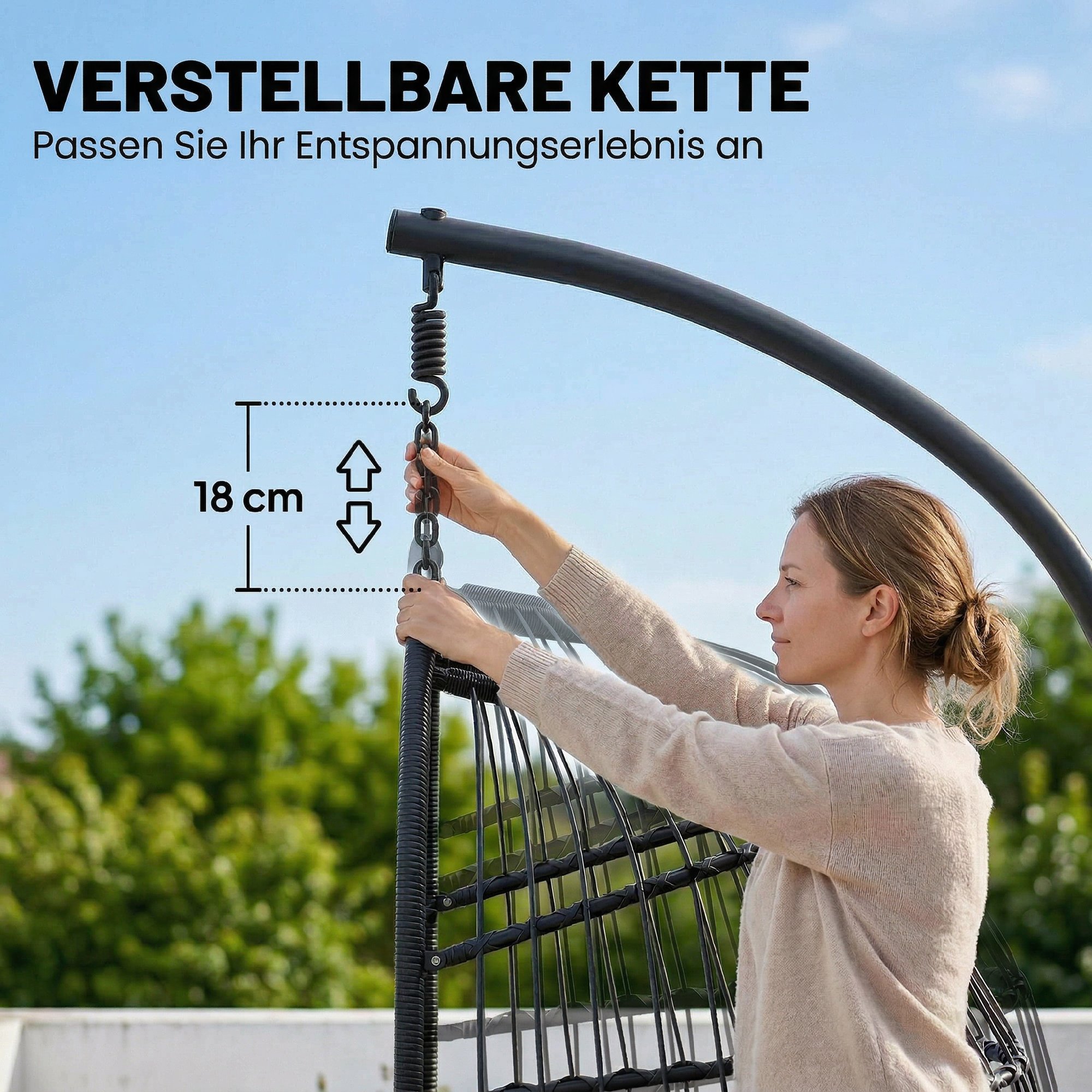 Hängesessel mit Gestell faltbar Polyrattan Hängekorb mit Kissen Sicherheitsgurt Kopfstütze Bänder, höhenverstellbar