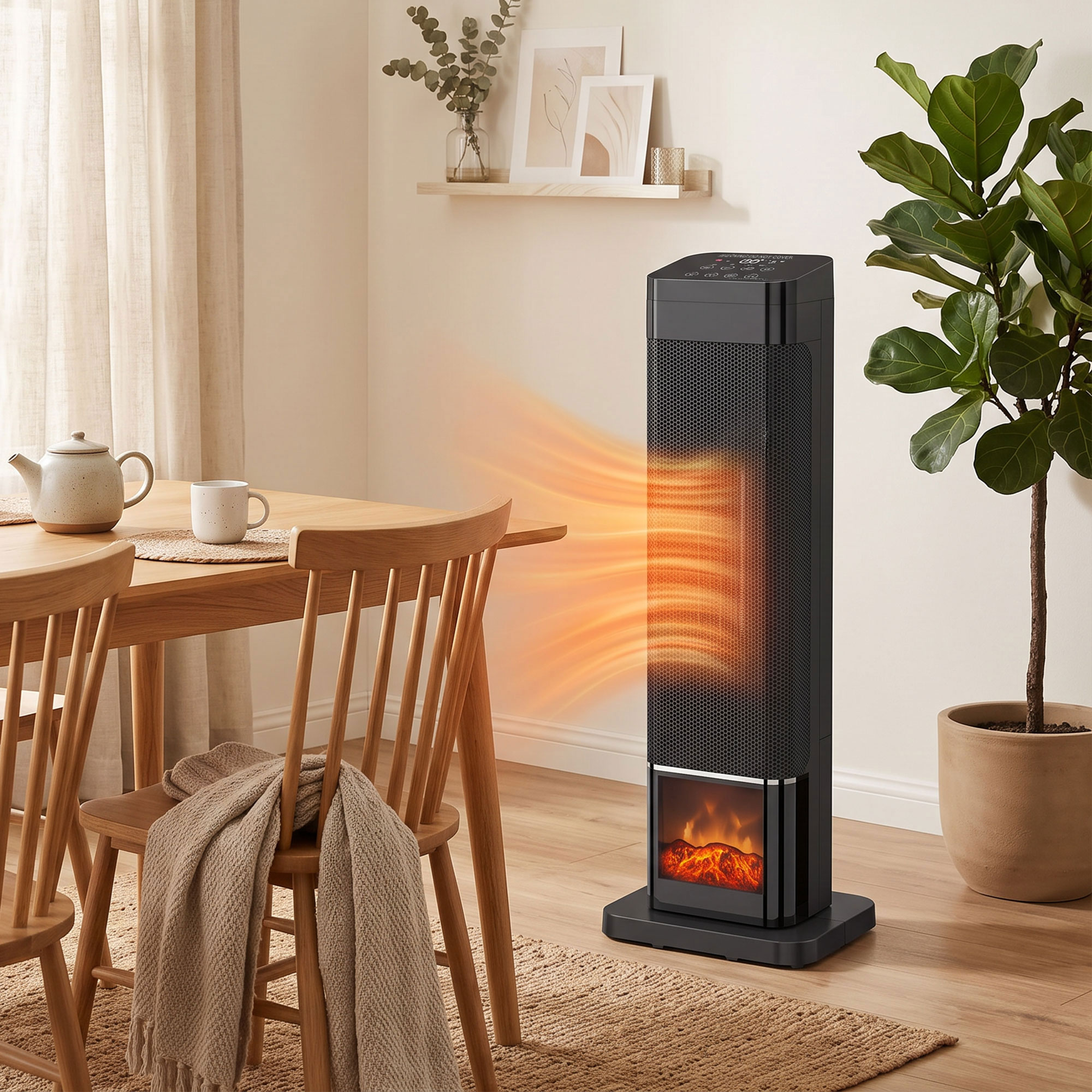 Heizlüfter 2000W Keramik Flammeneffekt Thermostat Elektroheizung Fernbedienung Schwarz