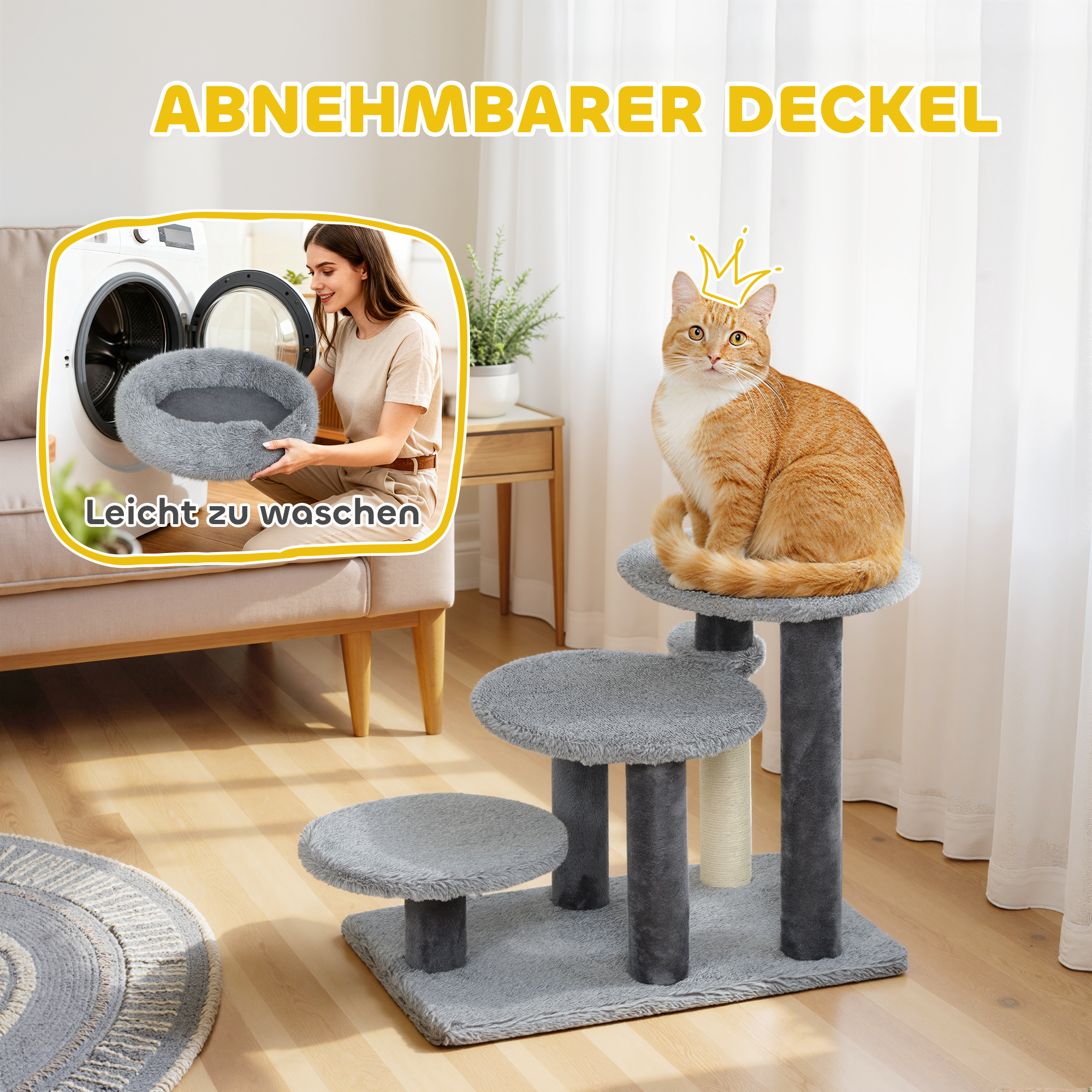 Kratzbaum und Katzentreppe, breite Basis, Plüschstoff, Sisalkratzsäule, Grau