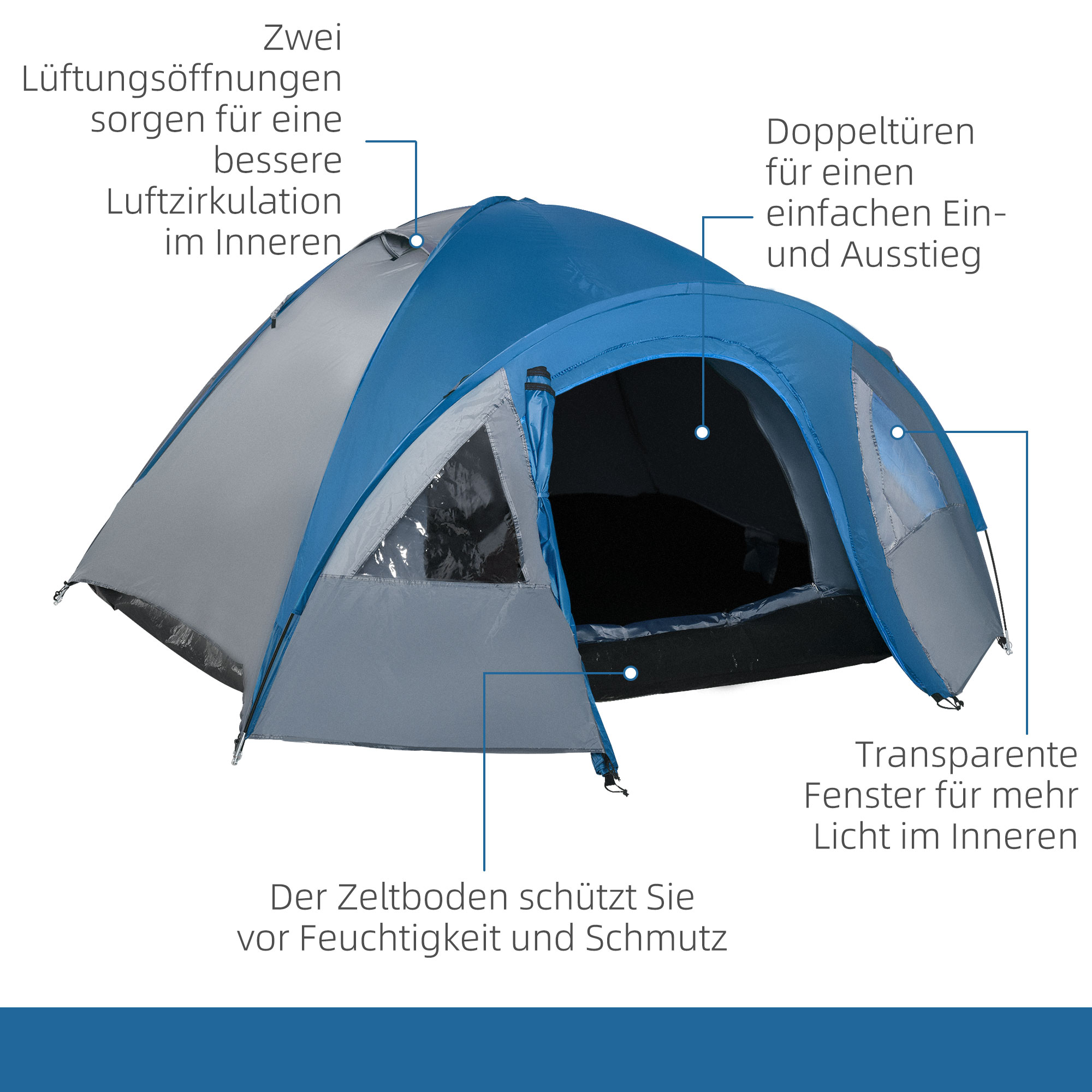 Campingzelt für 4 Personen ganzjährig nutzbar 3,00 x 2,50 x 1,30m Blau+Grau