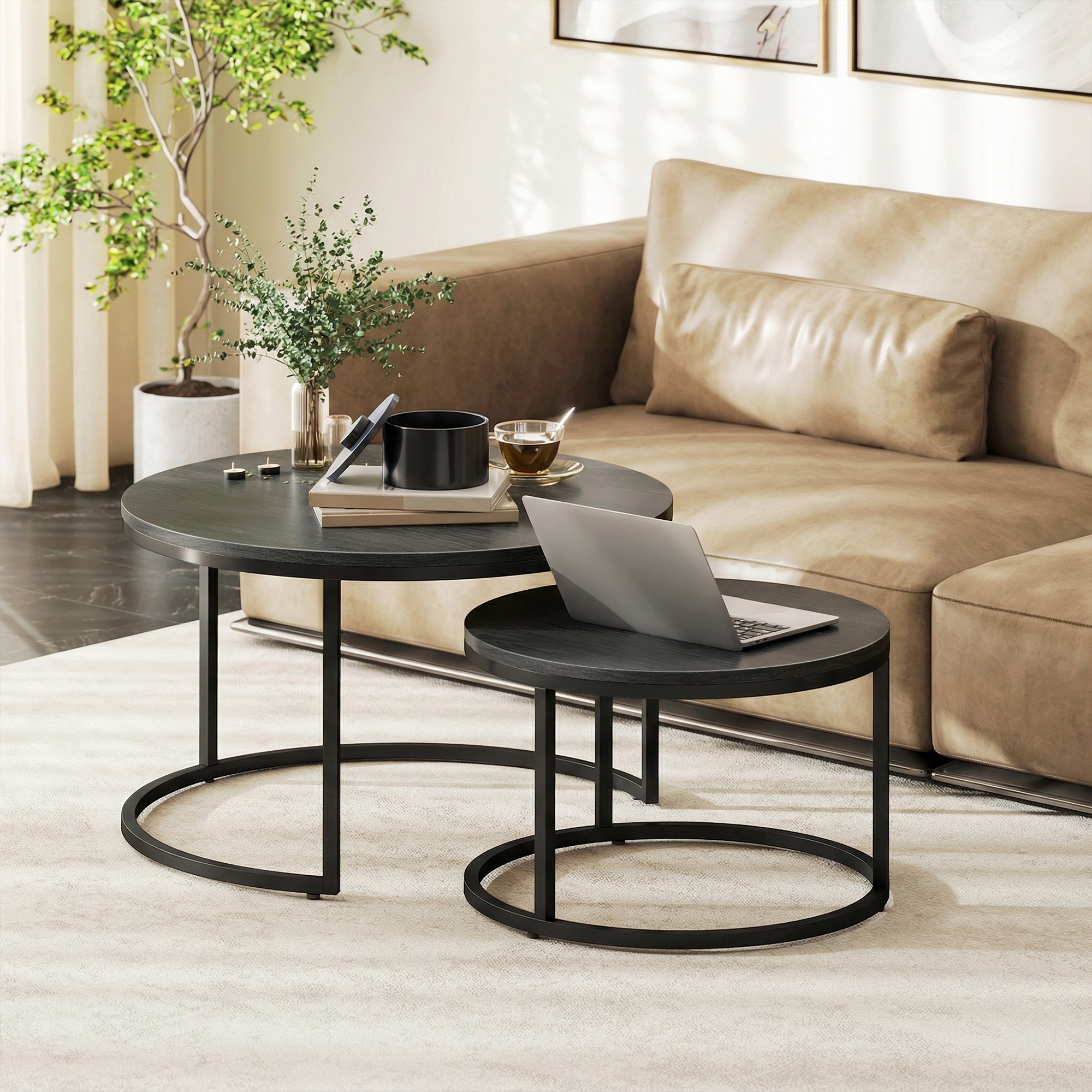 Modernes Kaffeetisch 2er-Set, Stapelbare Beistelltische mit Metallgestell für Wohnzimmer, Schlafzimmer, Büro, Schwarz