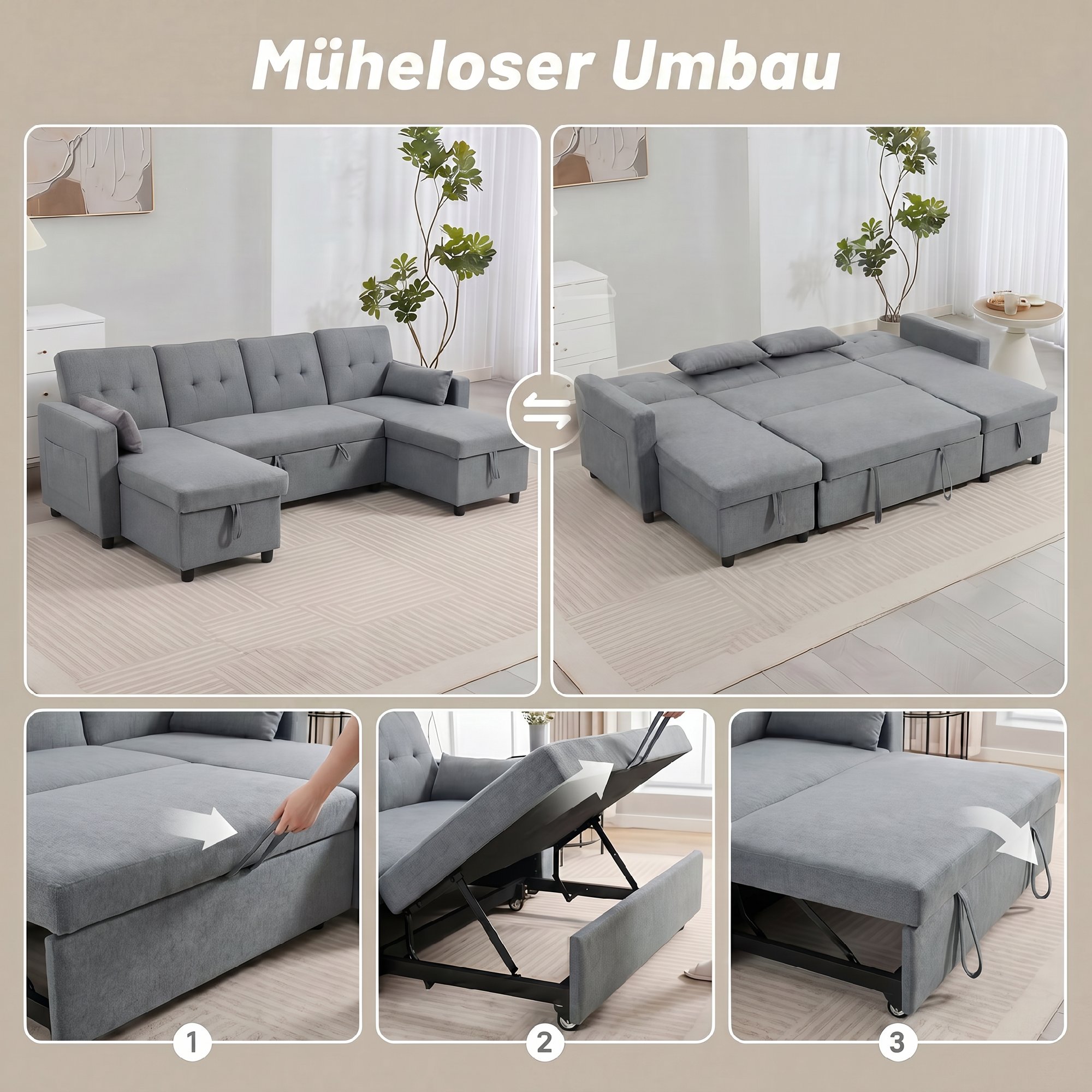 Ecksofa mit Schlaffunktion und Bettkasten U-Form 4-Sitzer Sofa mit Chaiselongue, verstellbarer Rückenlehne, Leinenoptik