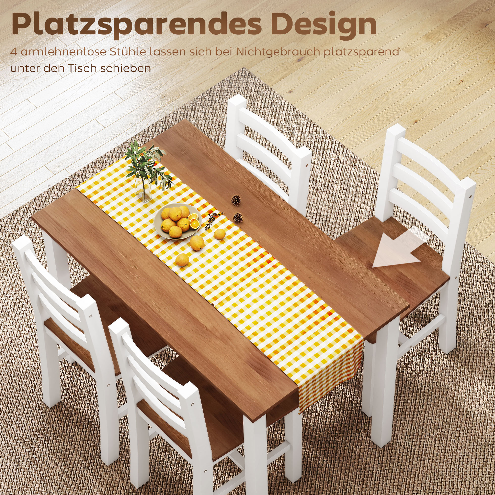 Essgruppenset, Esstisch, 4 Stühle, Esszimmerset, Kiefernholz, Braun+Weiß
