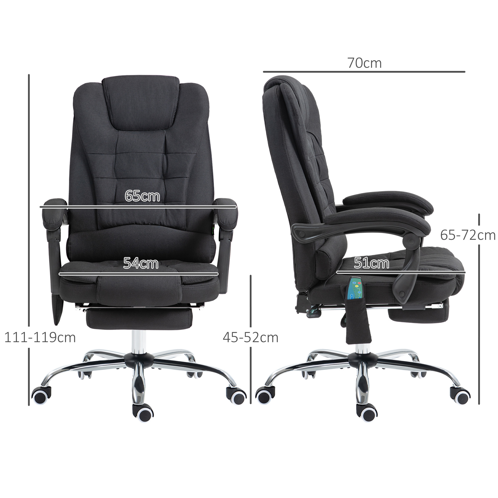 Bürostuhl mit Massagefunktion, Ergonomischer Schreibtischstuhl mit Liege- & Wärmefunktion, höhenverstellbar, Schwarz