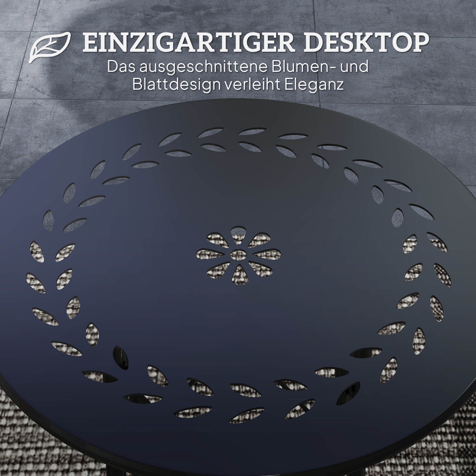 Gartentisch, runder Terrassentisch mit Blumenmuster, Stahl, Bistrotisch für drinnen und draußen, Schwarz