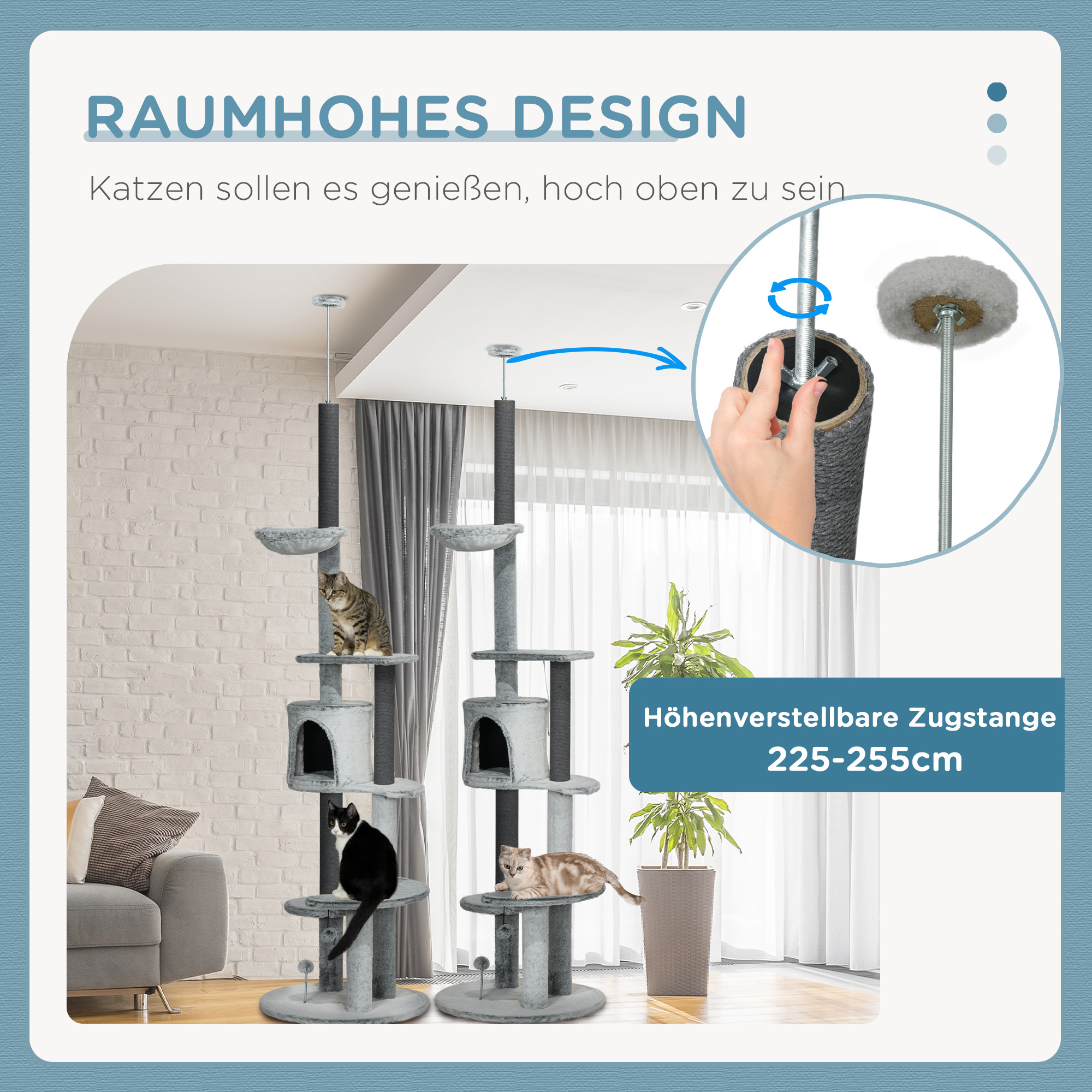 Kratzbaum mit Deckenspanner, Hängematte, Haus, Plattformen, Spielball, 225-255cm, Grau