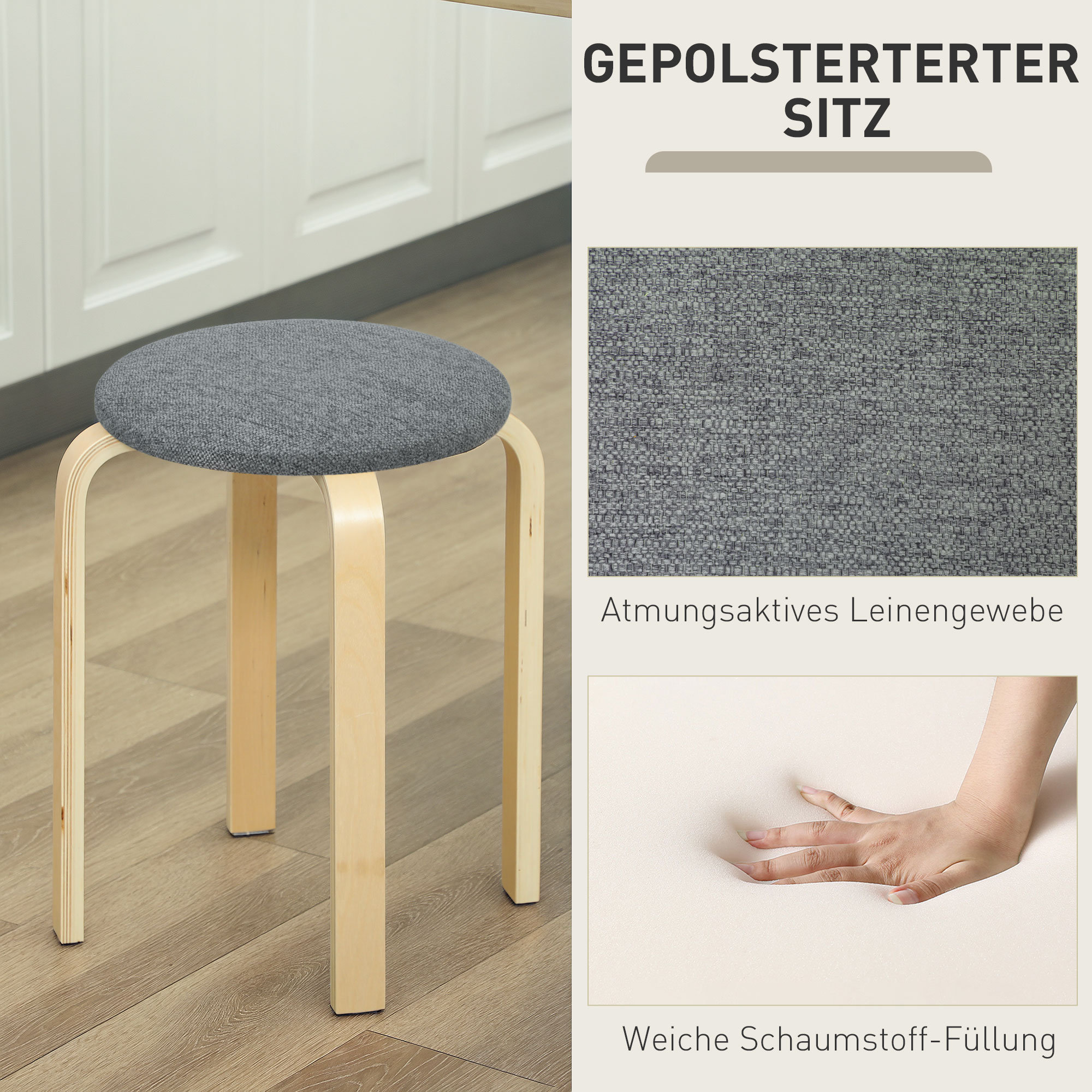 Polsterhocker im 4er-Set, stapelbar, lackierte Oberfläche, Holzbeine, Grau