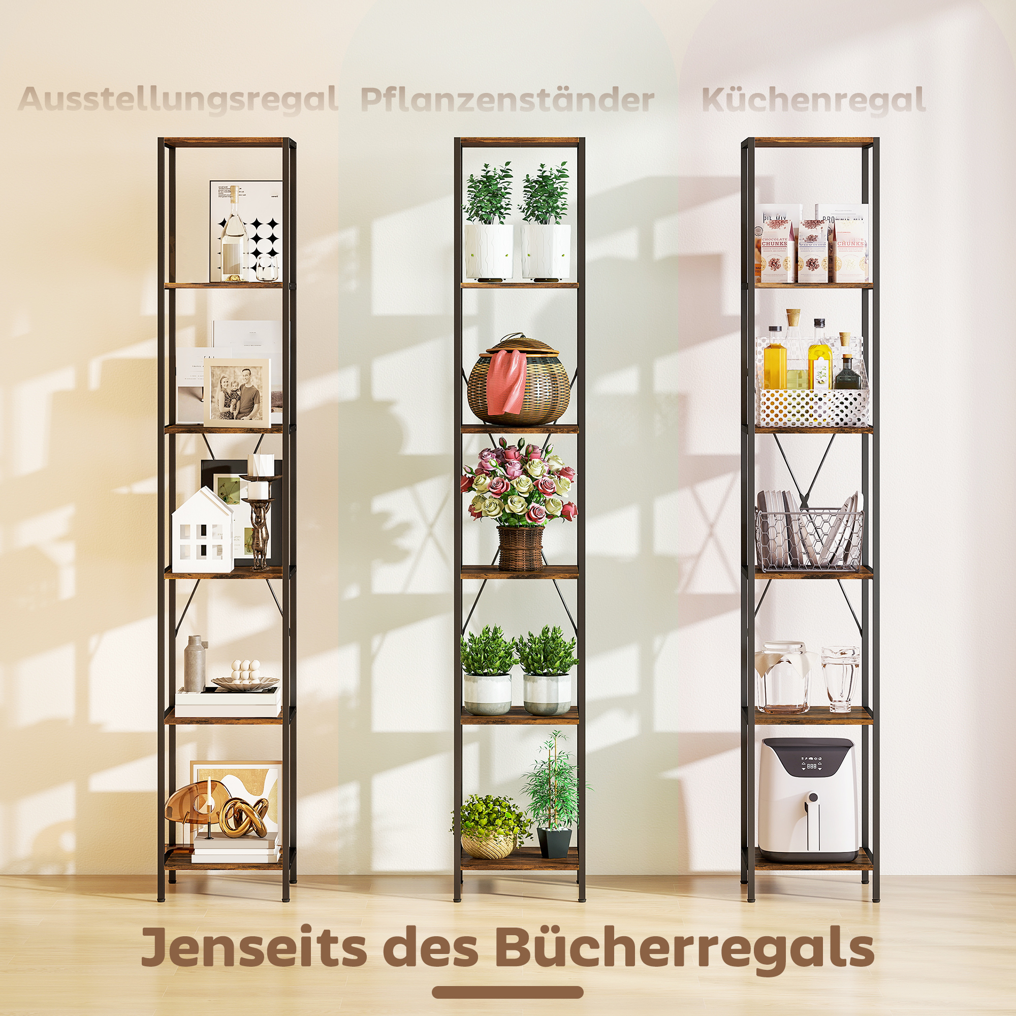 2er-Set 6-Ebenen-Bücherregal, Stahlrahmen, für Wohnzimmer, Büro, Schlafzimmer, Rustikal-Braun